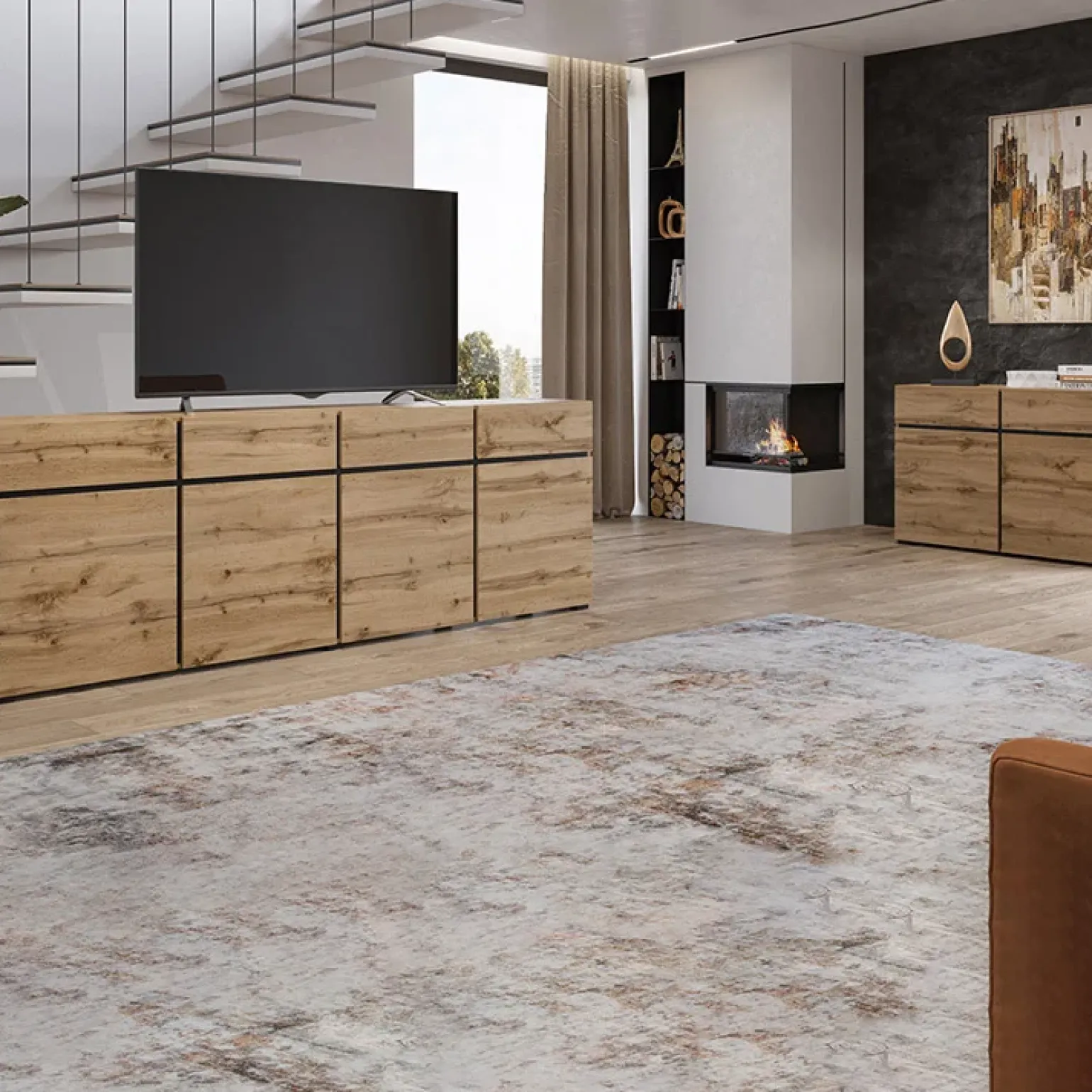 Madia 225x78h cm 4 ante 4 cassetti moderna rovere nero Lolla