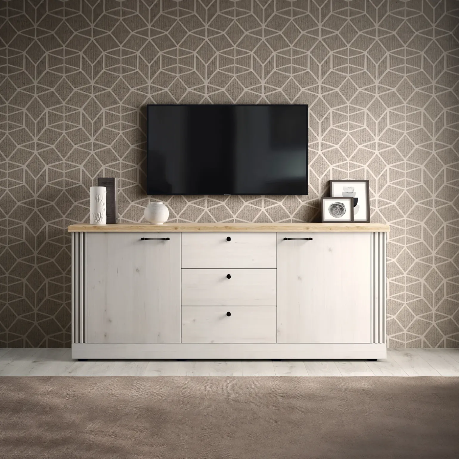 Madia 211x88h cm 2 ante 3 cassetti rovere bianco frassinato Doria