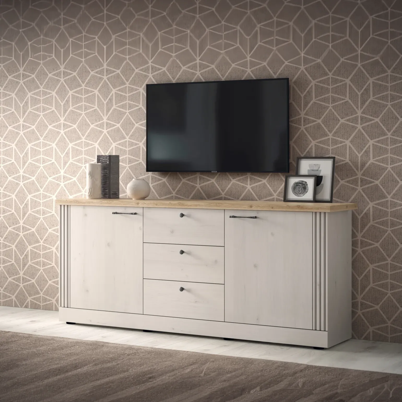 Madia 211x88h cm 2 ante 3 cassetti rovere bianco frassinato Doria