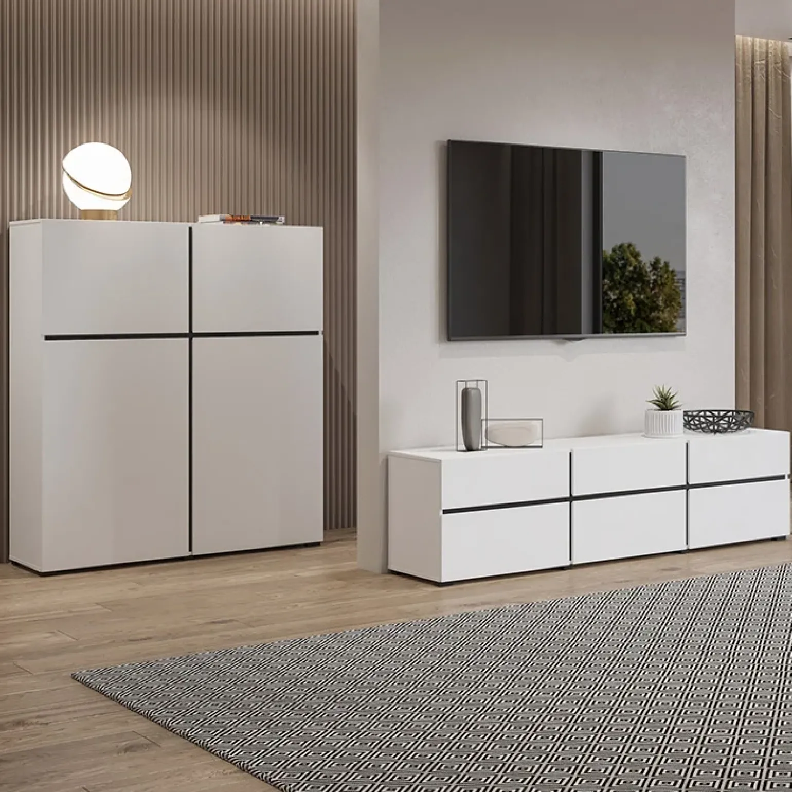 Madia 225x78h cm 4 ante 4 cassetti moderna bianco opaco nero Lolla