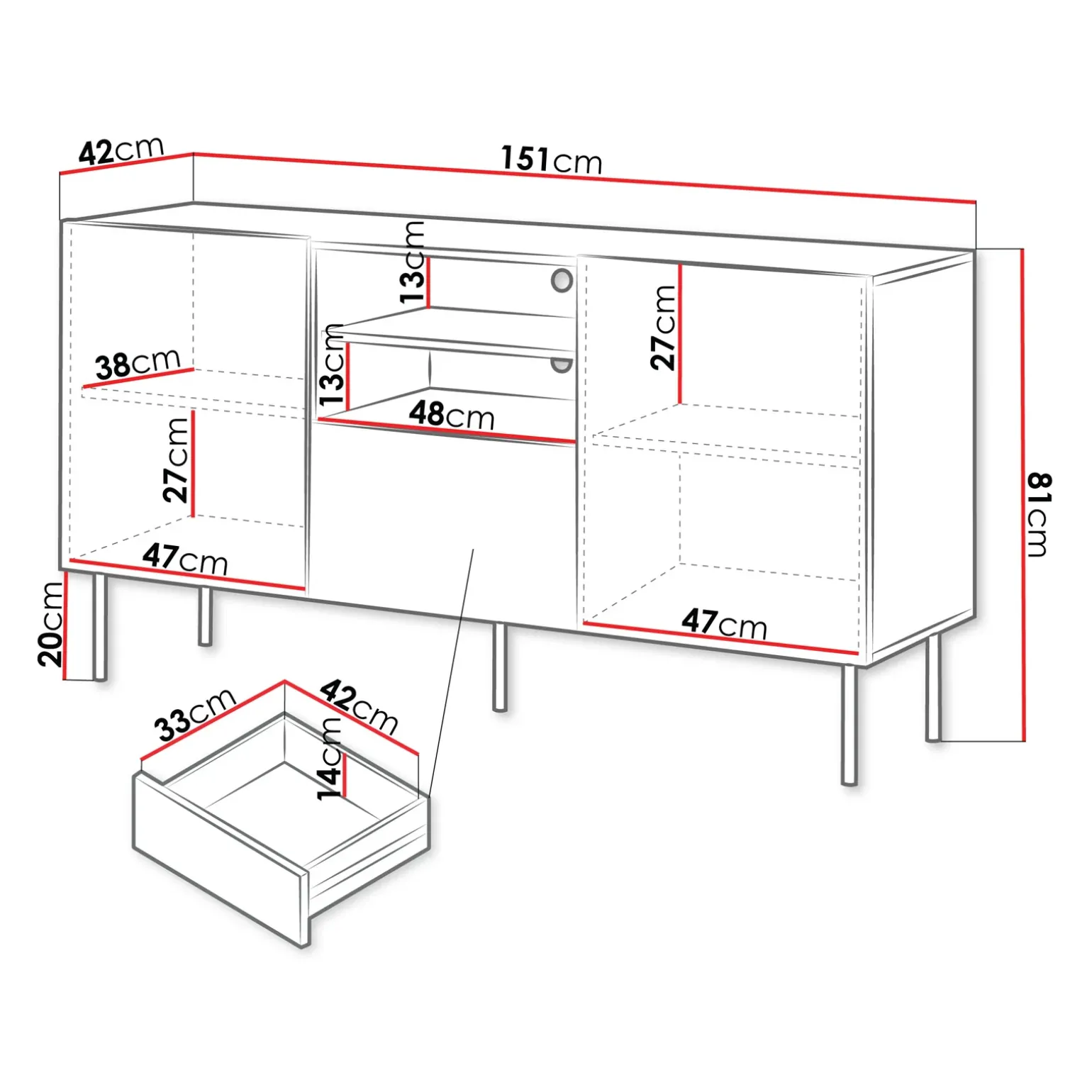 Madia 151x81h cm 2 ante 1 cassetto 2 vani a giorno noce cannettato Gabiot