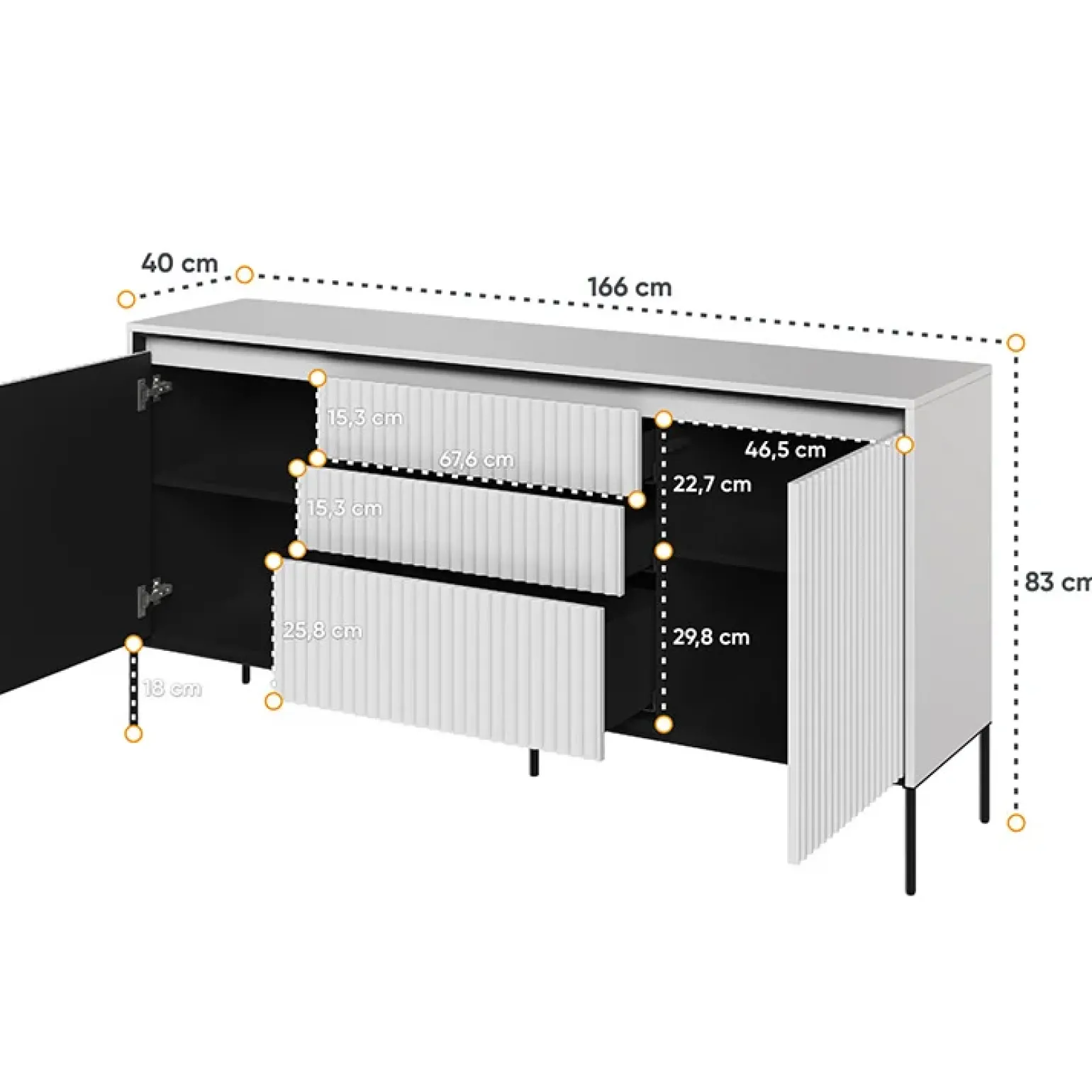 Madia 166x83h cm 2 ante 3 cassetti con led cannettato bianco opaco nero Camelia
