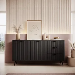Madia 163x81h cm 2 ante 3 cassetti nero opaco cannettato Ramis