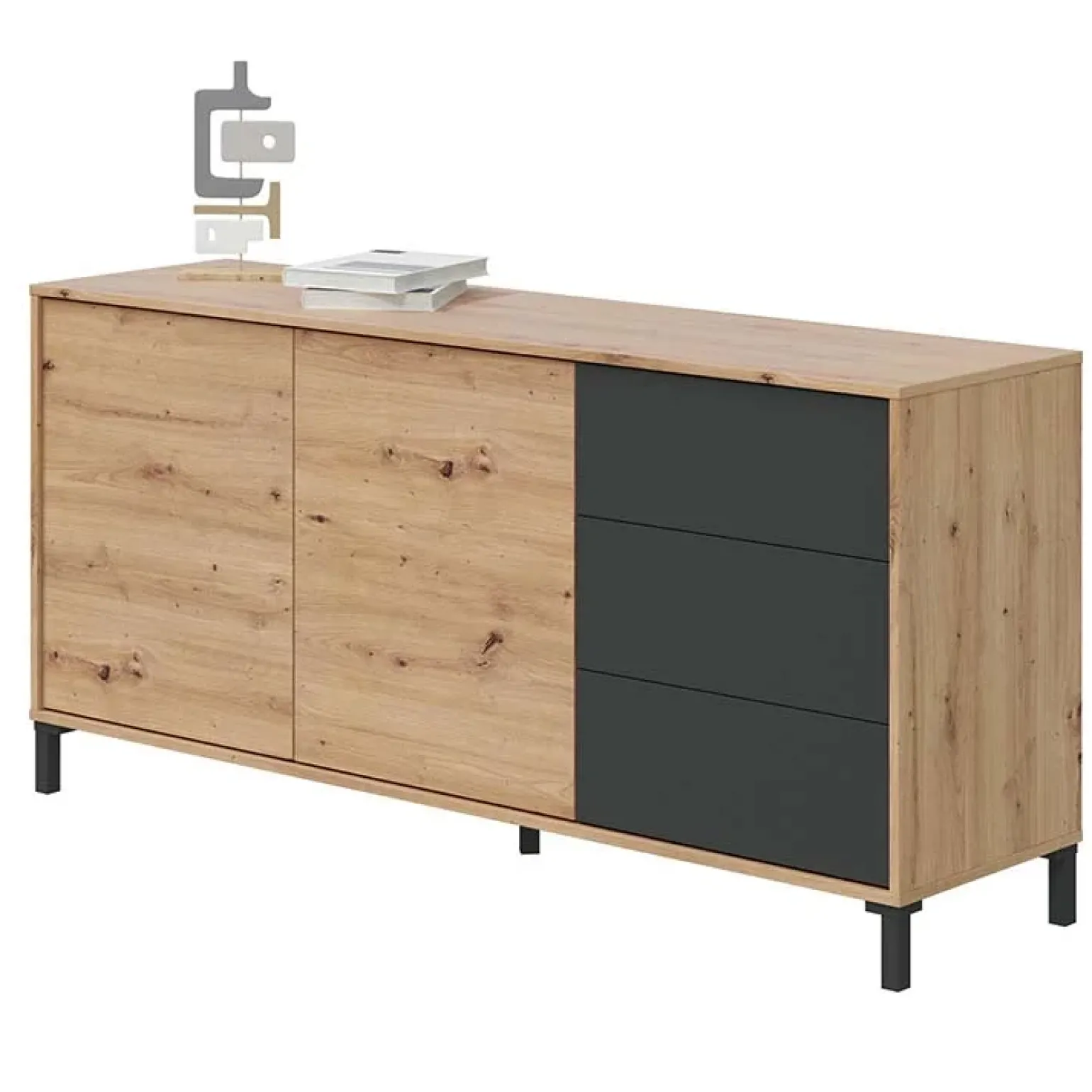 Madia 154x74h cm 2 ante 3 cassetti moderna rovere nodato antracite Rory