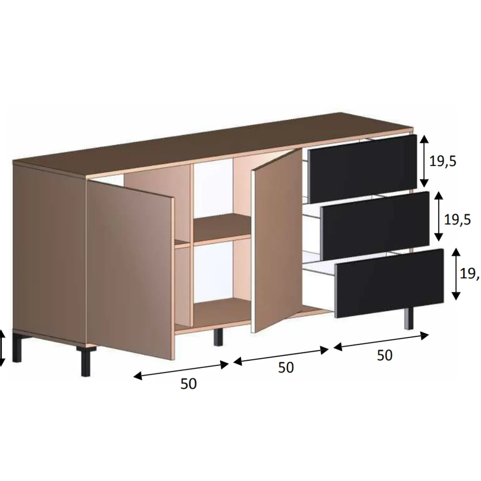 Madia 154x74h cm 2 ante 3 cassetti moderna rovere nodato antracite Rory