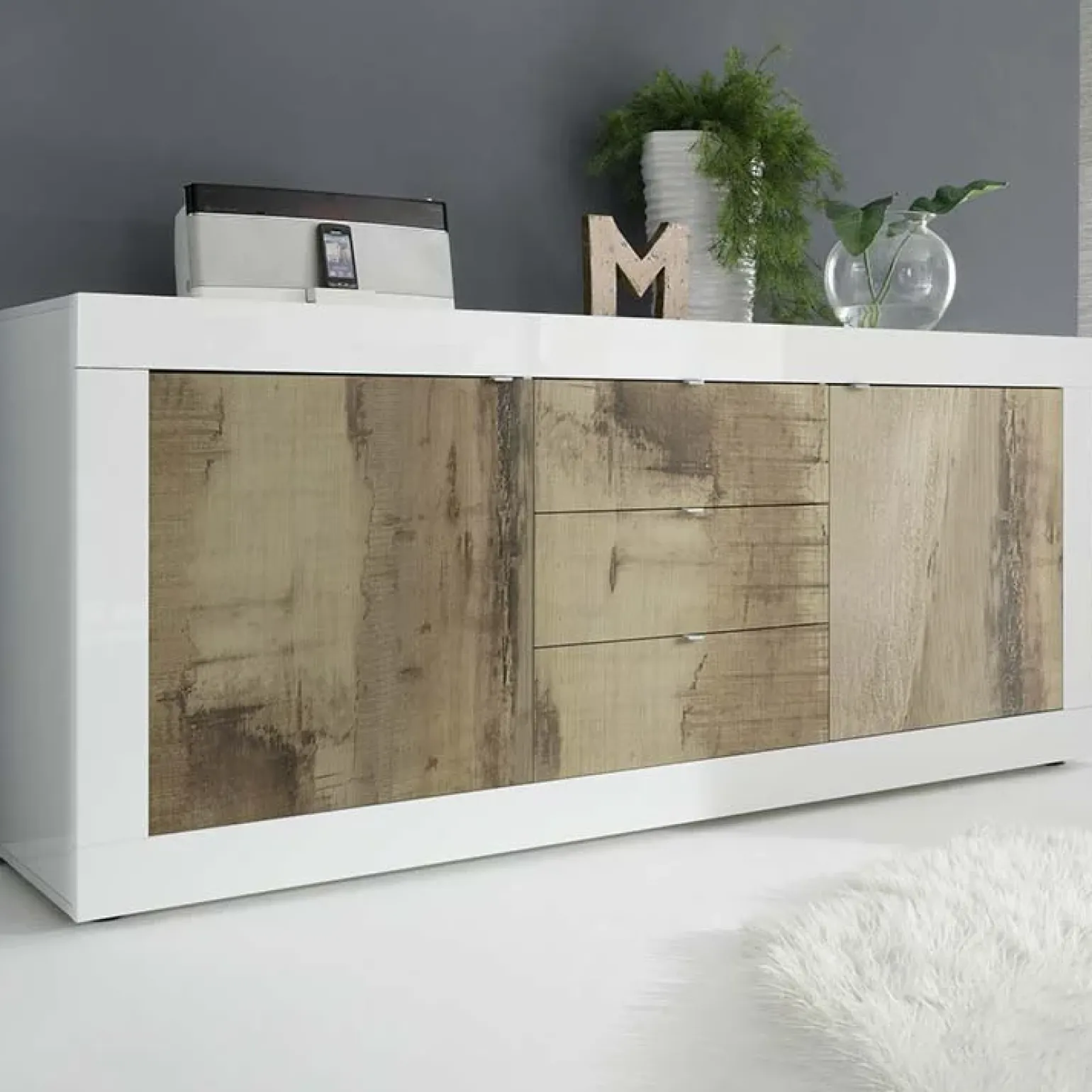 Madia 210x86h cm 2 ante 3 cassetti moderna bianco lucido pero Eternity