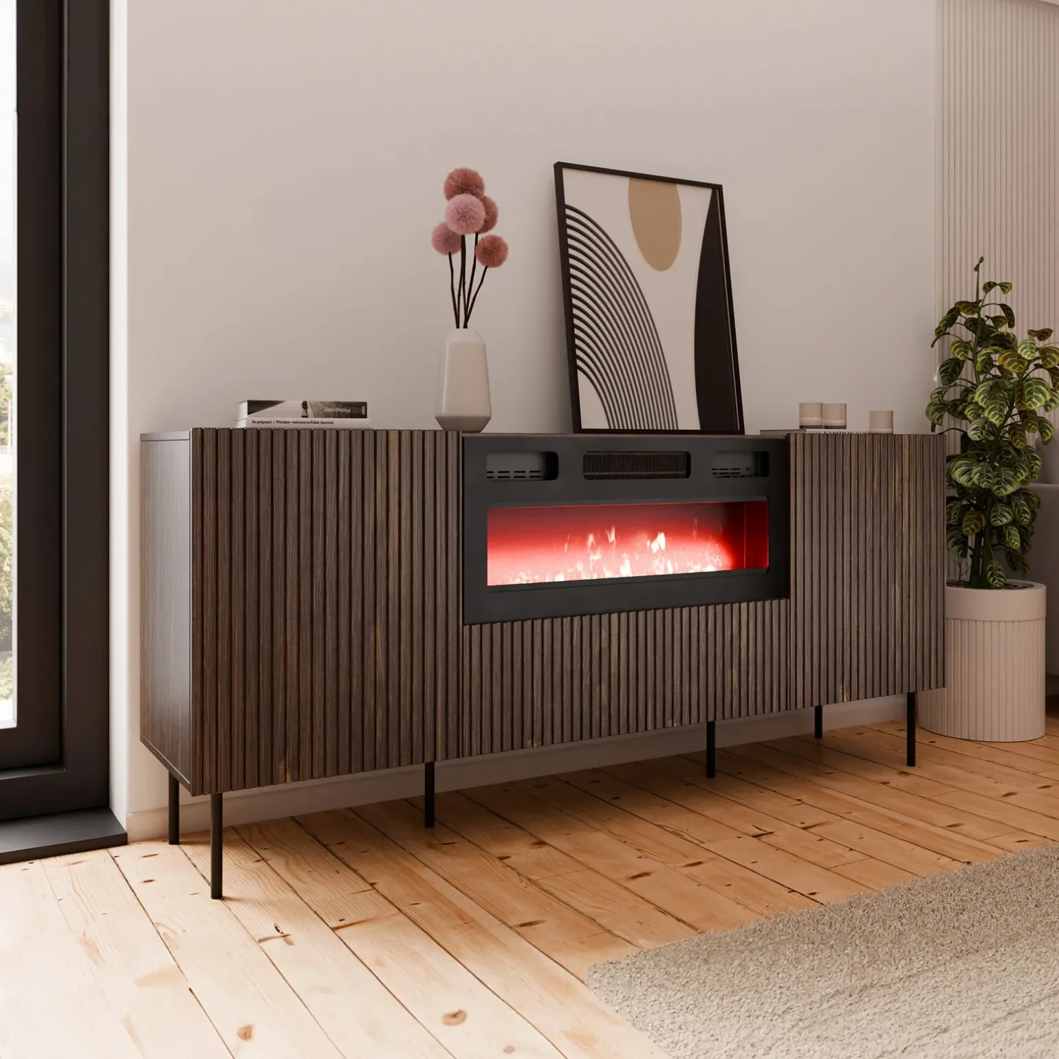 Madia 181x81h cm 3 ante con caminetto noce cannettato Gabiot