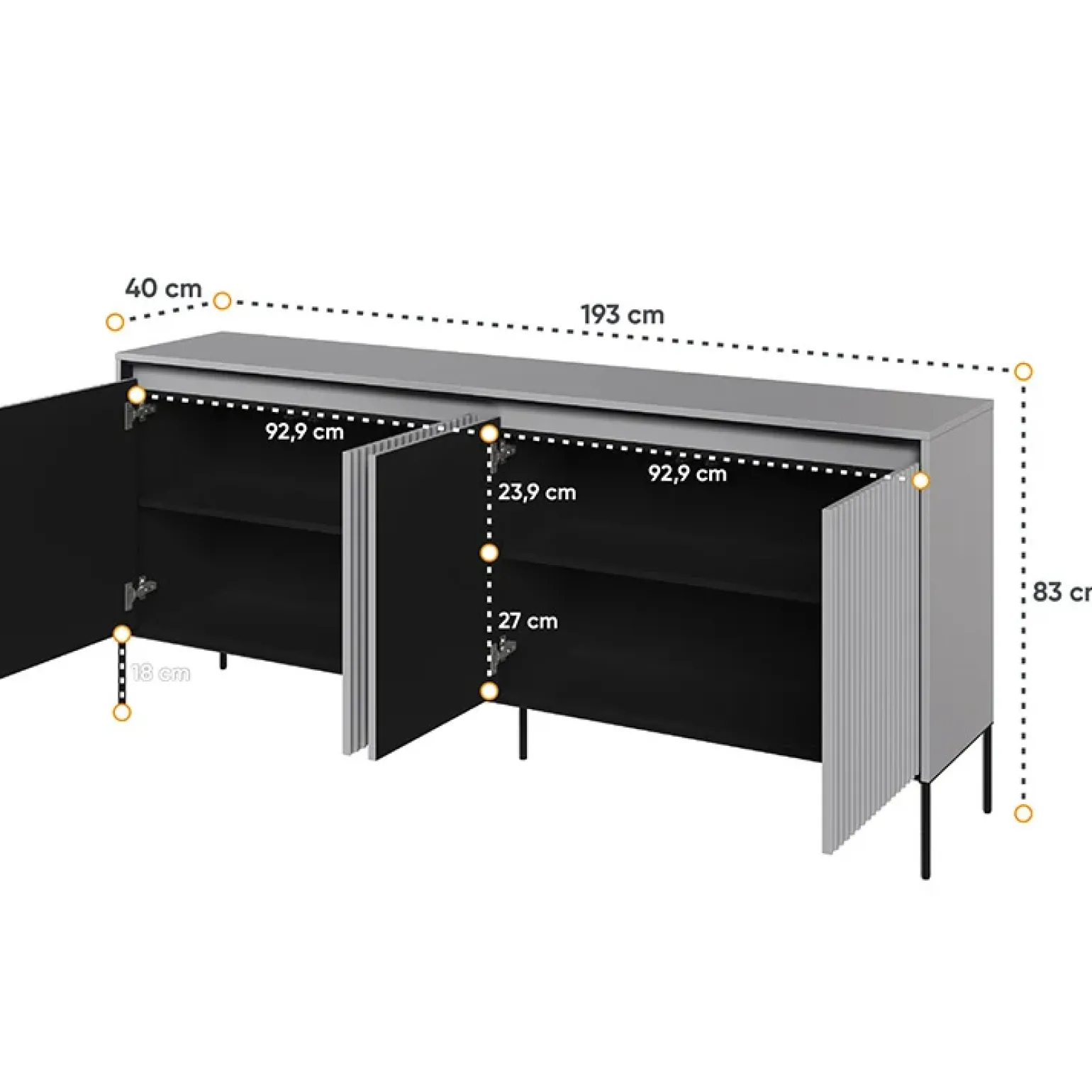 Madia 193x83h cm 4 ante con led cannettato grigio nero Camelia