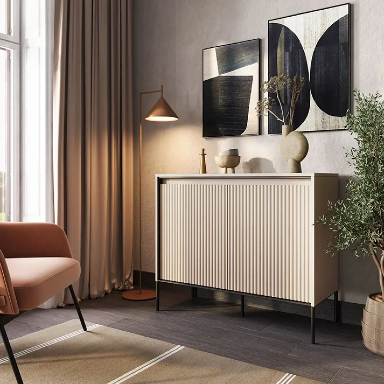 Madia 98x83h cm 2 ante con led cannettato beige nero Camelia
