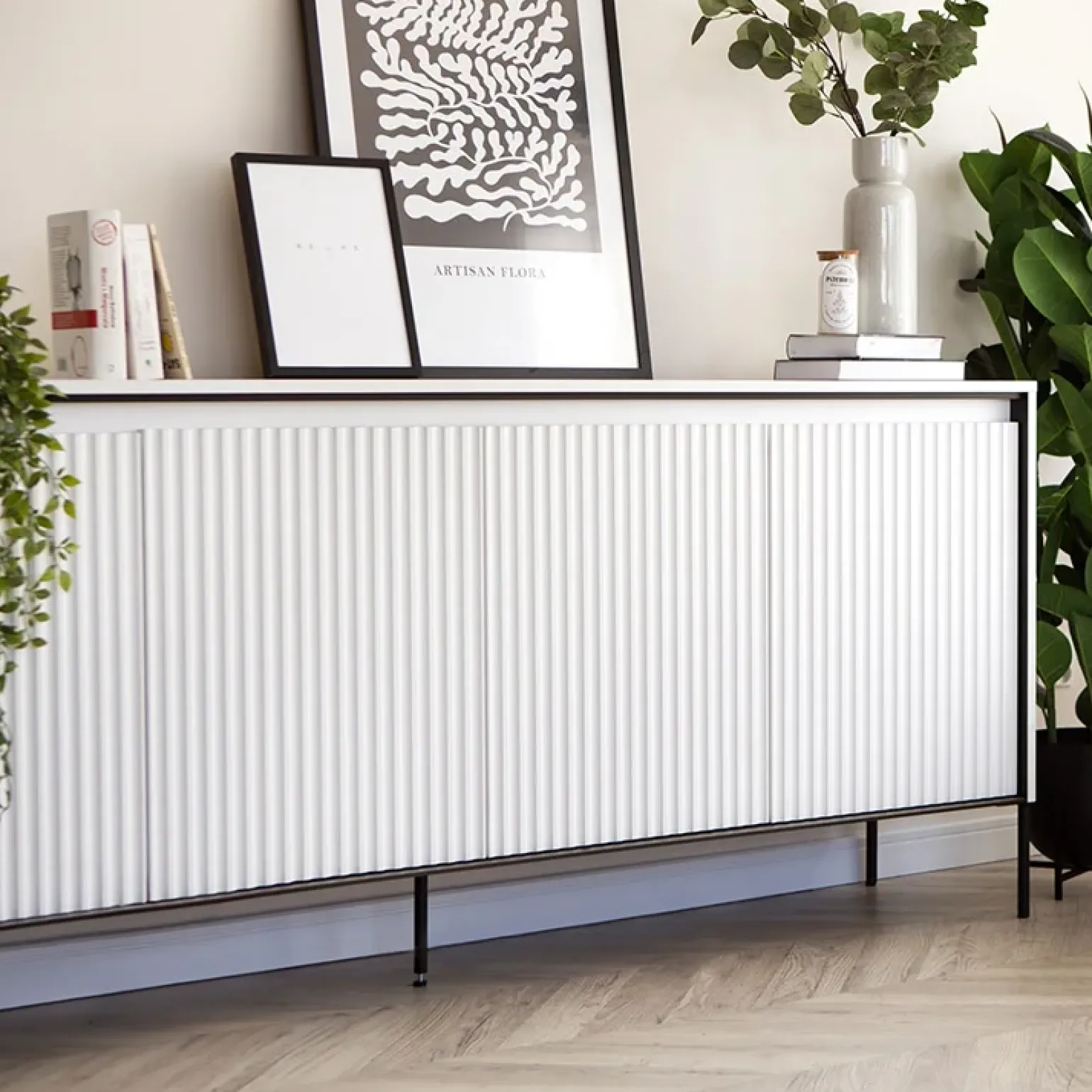 Madia 193x83h cm 4 ante con led cannettato bianco opaco nero Camelia