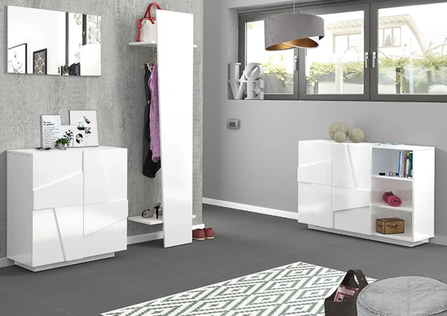 Madia 120x86h cm 2 ante e vani a giorno moderna bianco lucido Zenzero