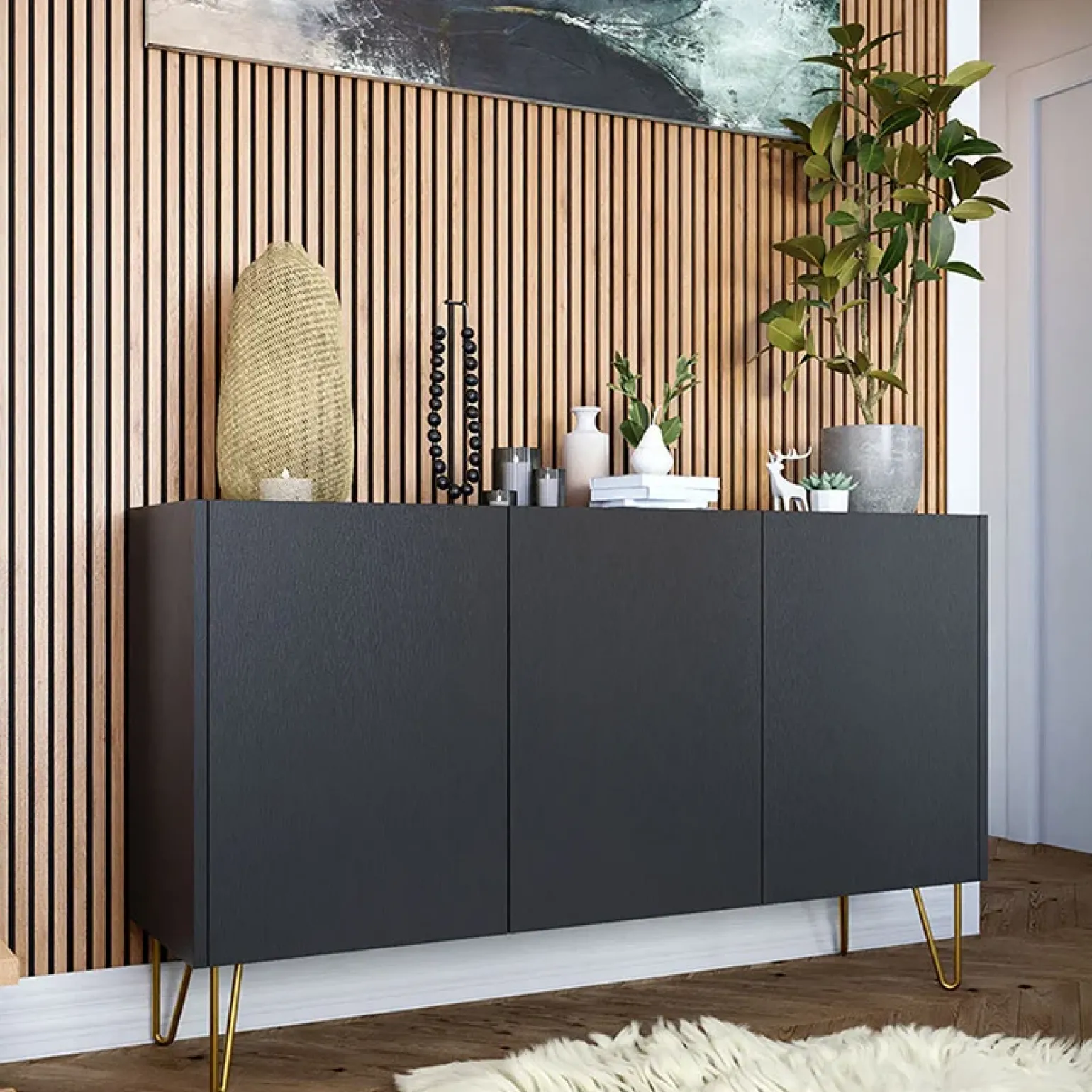 Madia 144x83h cm 3 ante moderna grafite marmo nero Visby