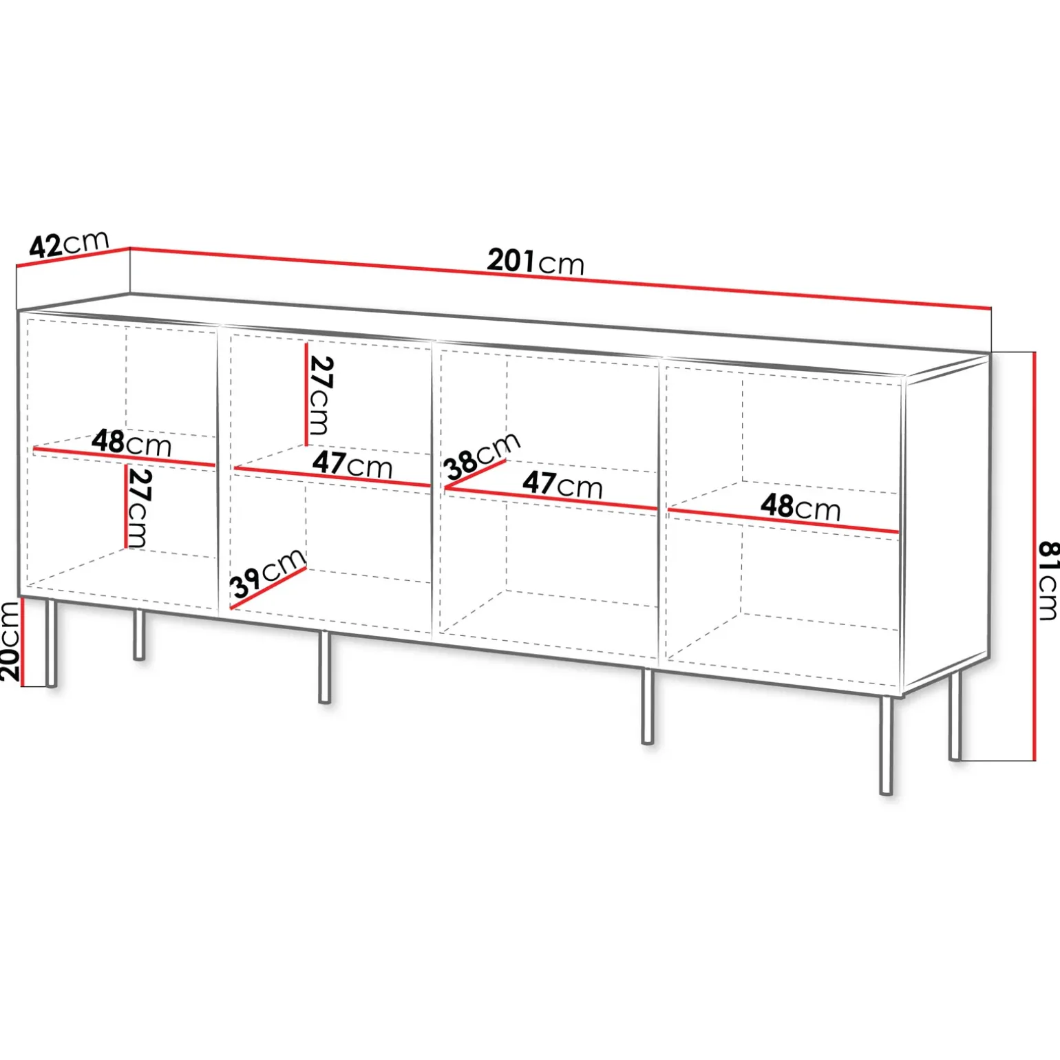 Madia 201x81h cm 4 ante moderna noce cannettato Gabiot