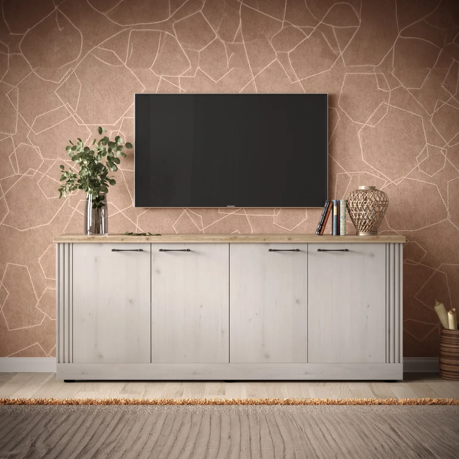 Madia 211x88h cm 4 ante moderna soggiorno rovere bianco frassinato Doria