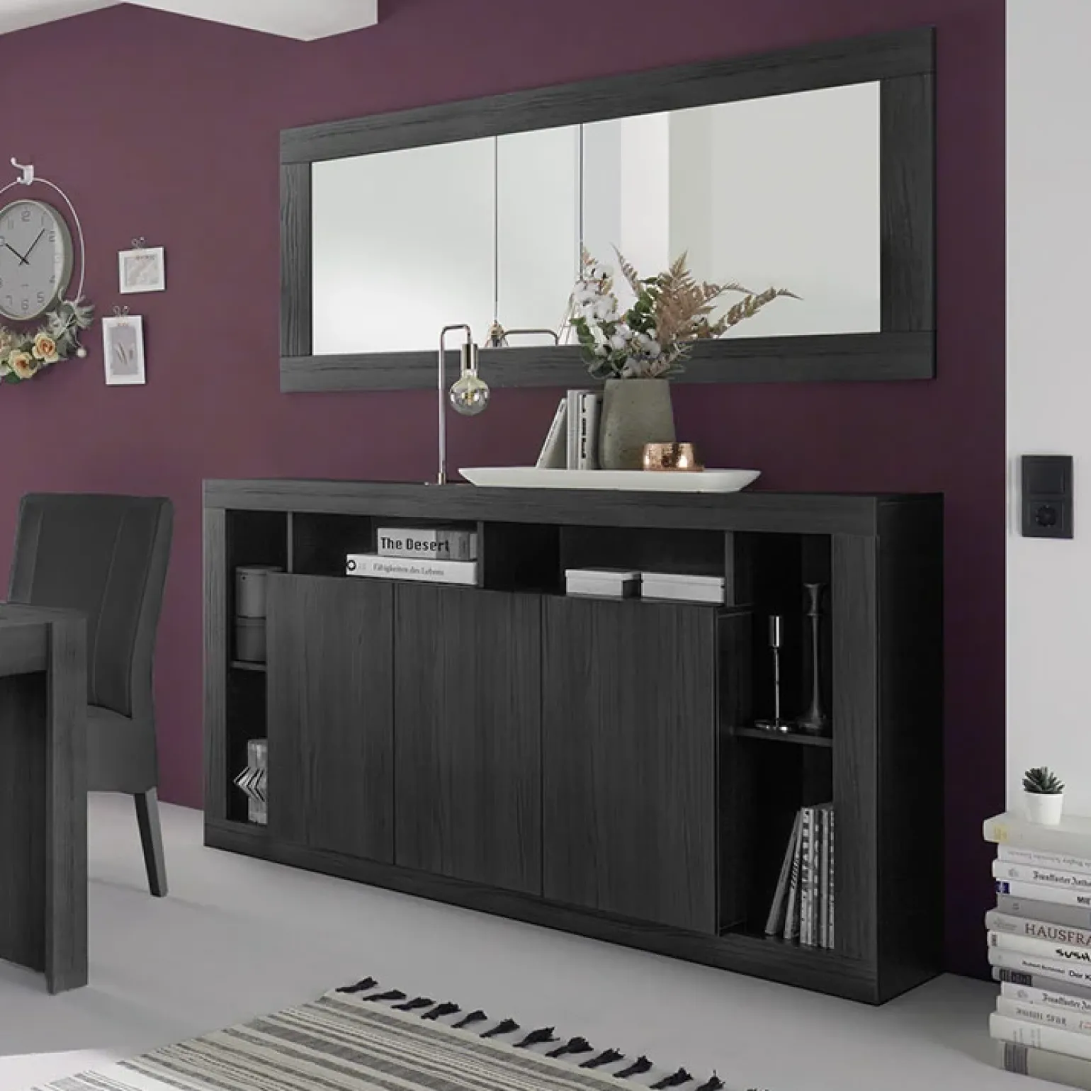 Madia 210x102h cm 4 ante moderna soggiorno nero frassinato Trilogy