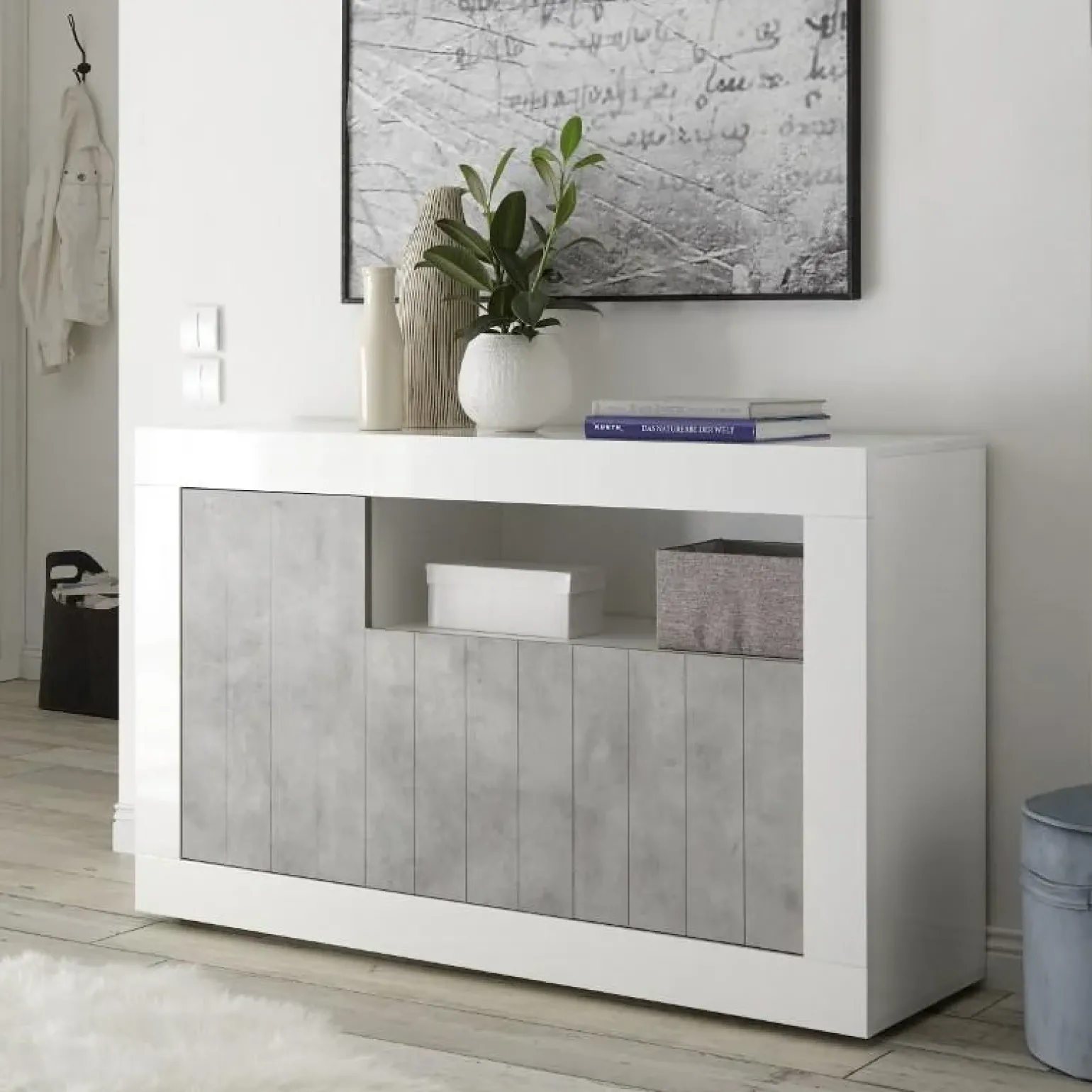 Madia 138x86h cm 3 ante moderna bianco lucido cemento Florena