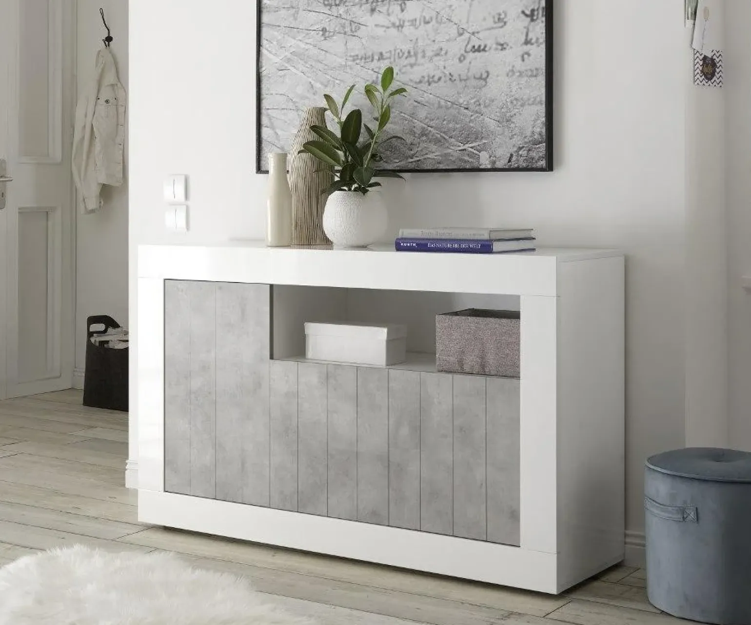 Madia 138x86h cm 3 ante moderna bianco lucido cemento Florena