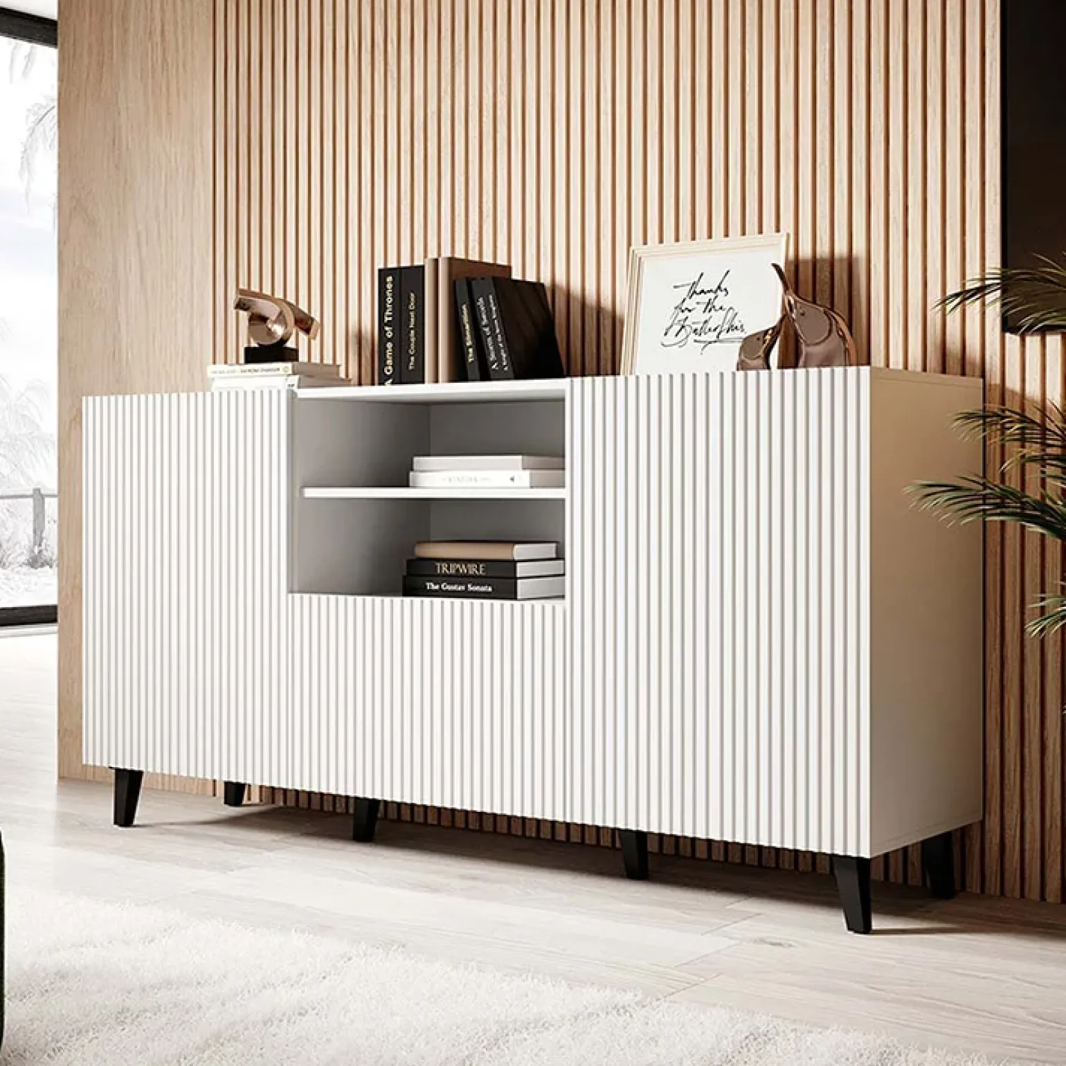 Madia 151x83h cm 3 ante moderna industrial cannettato bianco Essence
