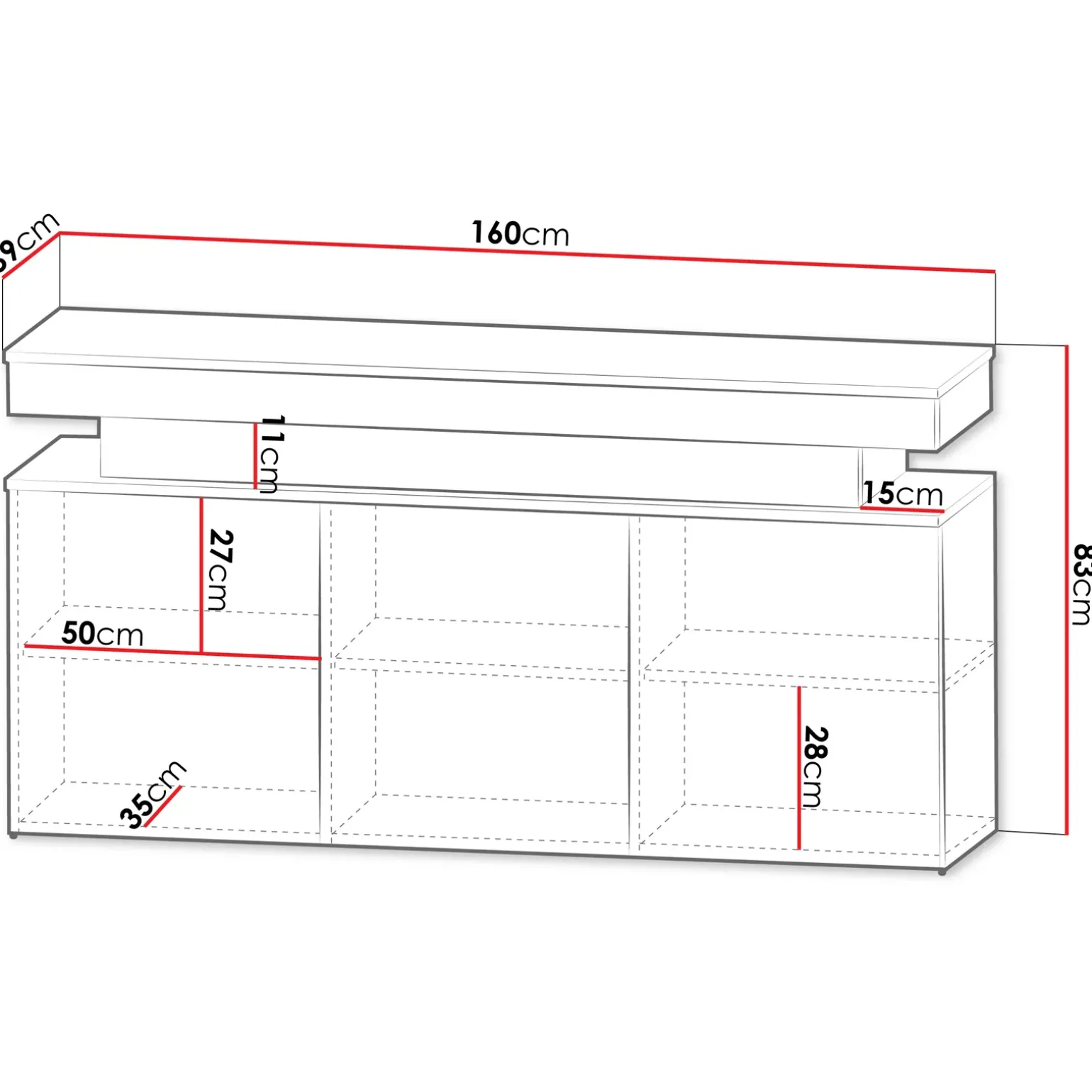 Madia 160x83h cm 3 ante moderna con led nero Lumus