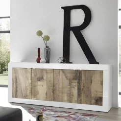 Madia 207x86h cm 4 ante moderna soggiorno bianco lucido pero Eternity