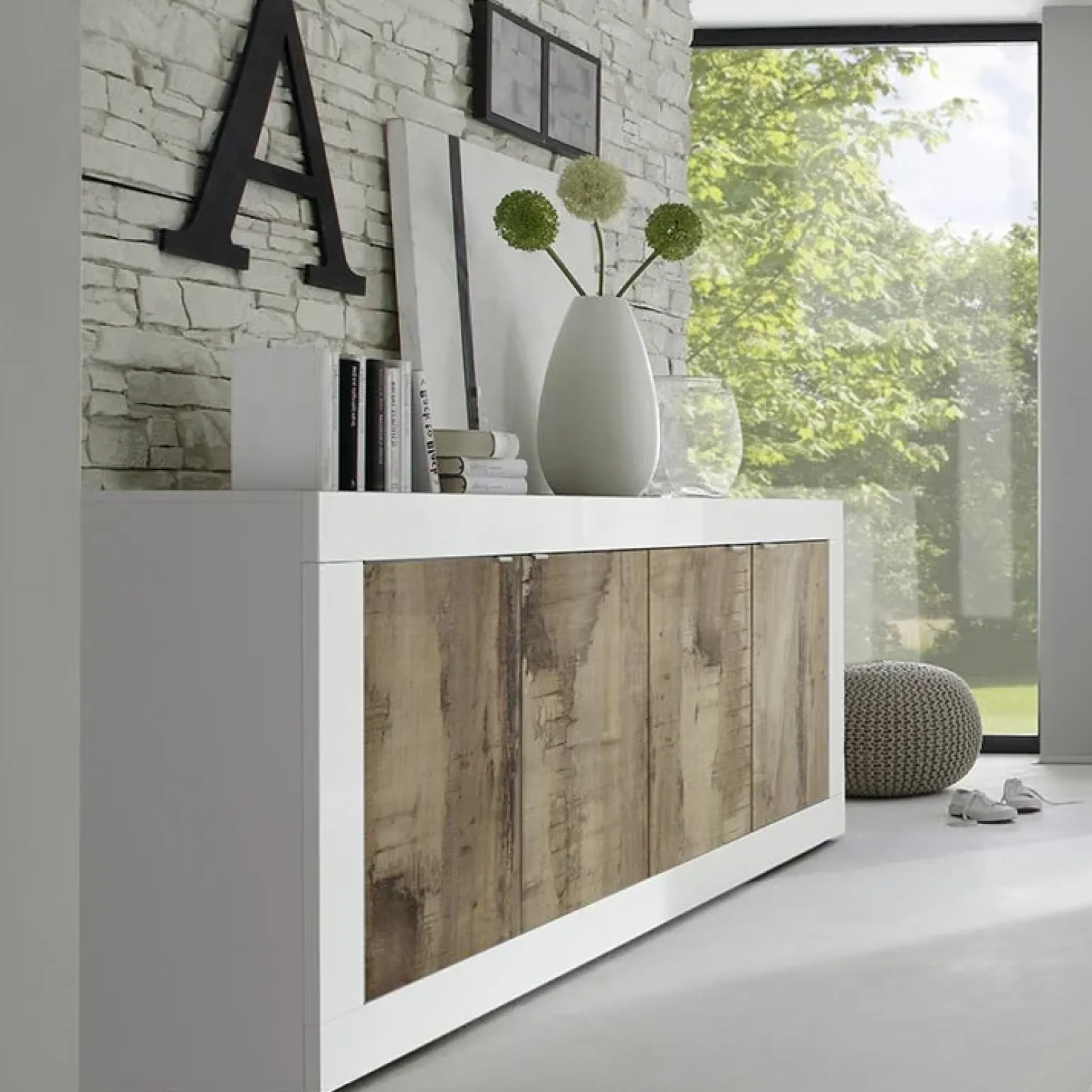 Madia 207x86h cm 4 ante moderna soggiorno bianco lucido pero Eternity