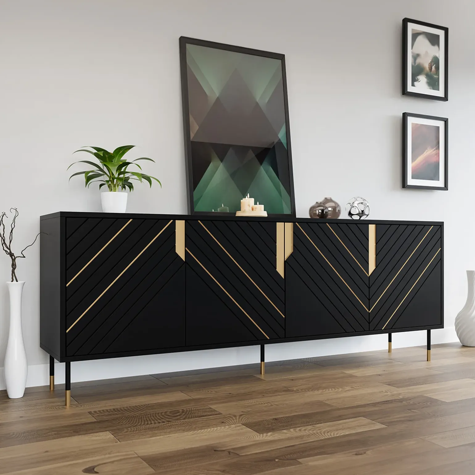 Madia 204x72h cm 4 ante moderna design nero oro Golden