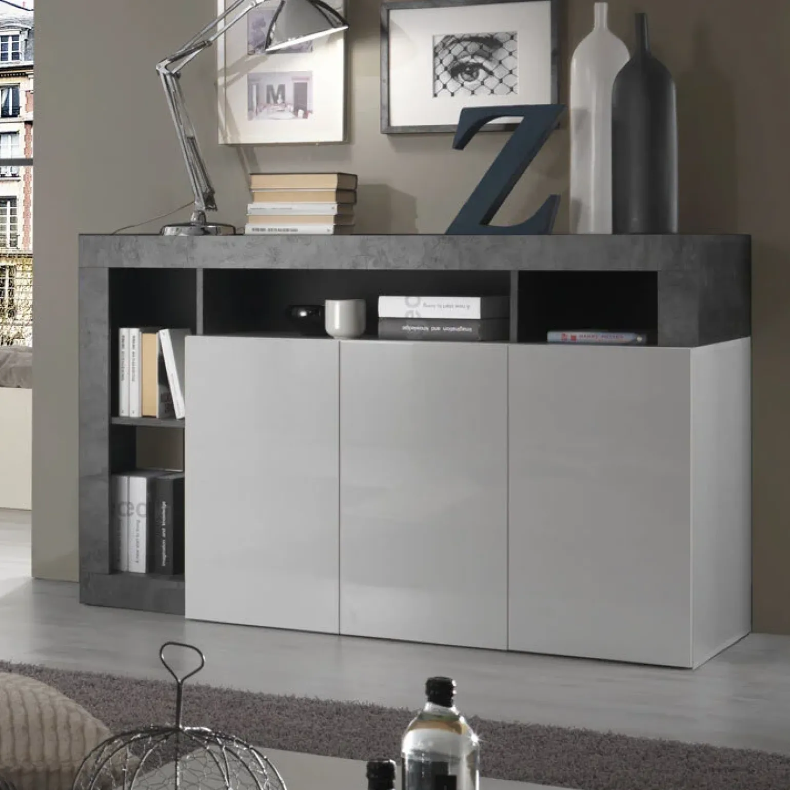 Madia 146x93h cm 3 ante moderna bianco lucido ossido Invictus