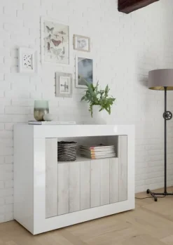Madia 110x86h cm 2 ante moderna soggiorno bianco lucido bianco frassinato Florena