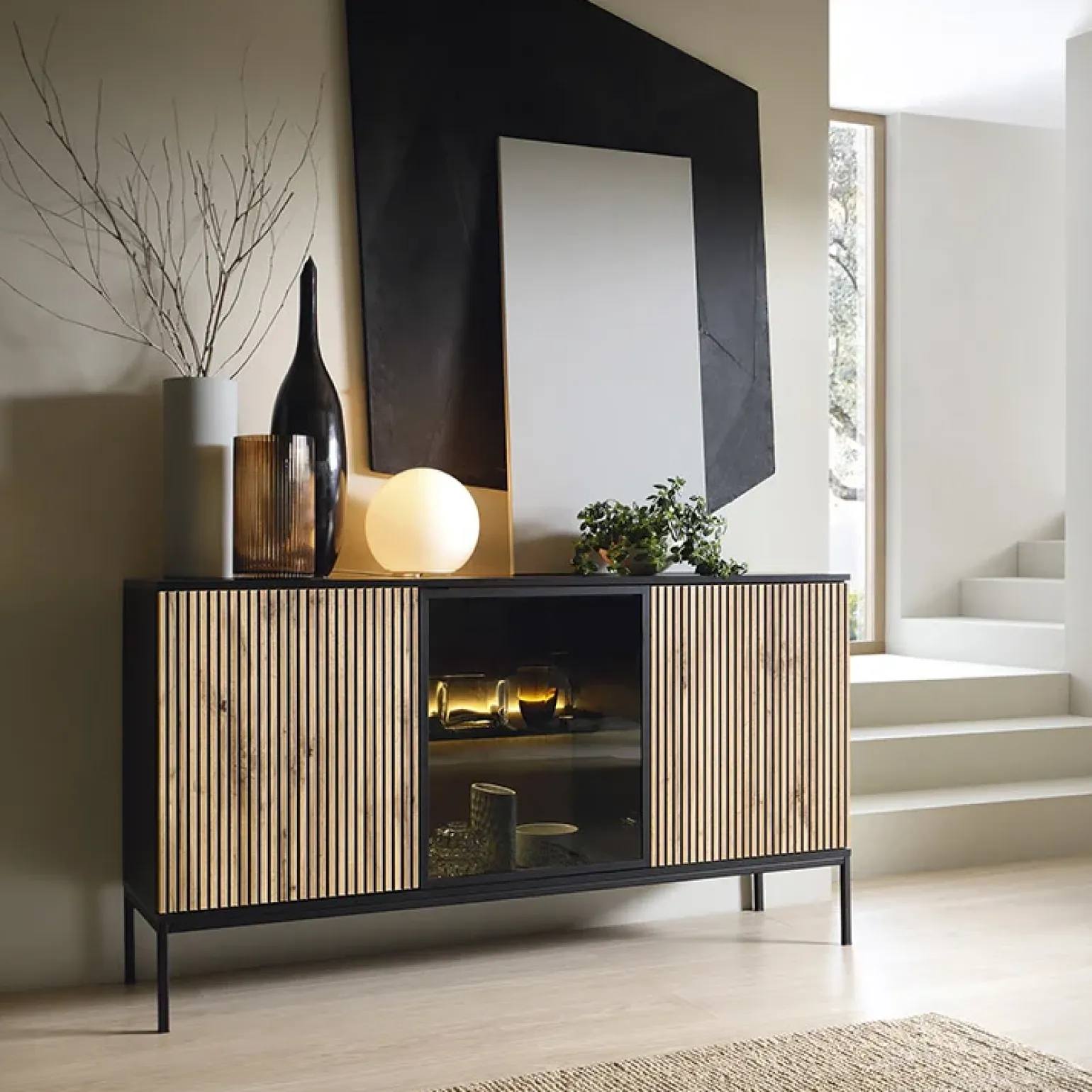 Madia 153x83h cm 3 ante moderna nero rovere antico cannettato Bali