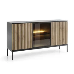 Madia 153x83h cm 3 ante moderna nero rovere antico cannettato Bali