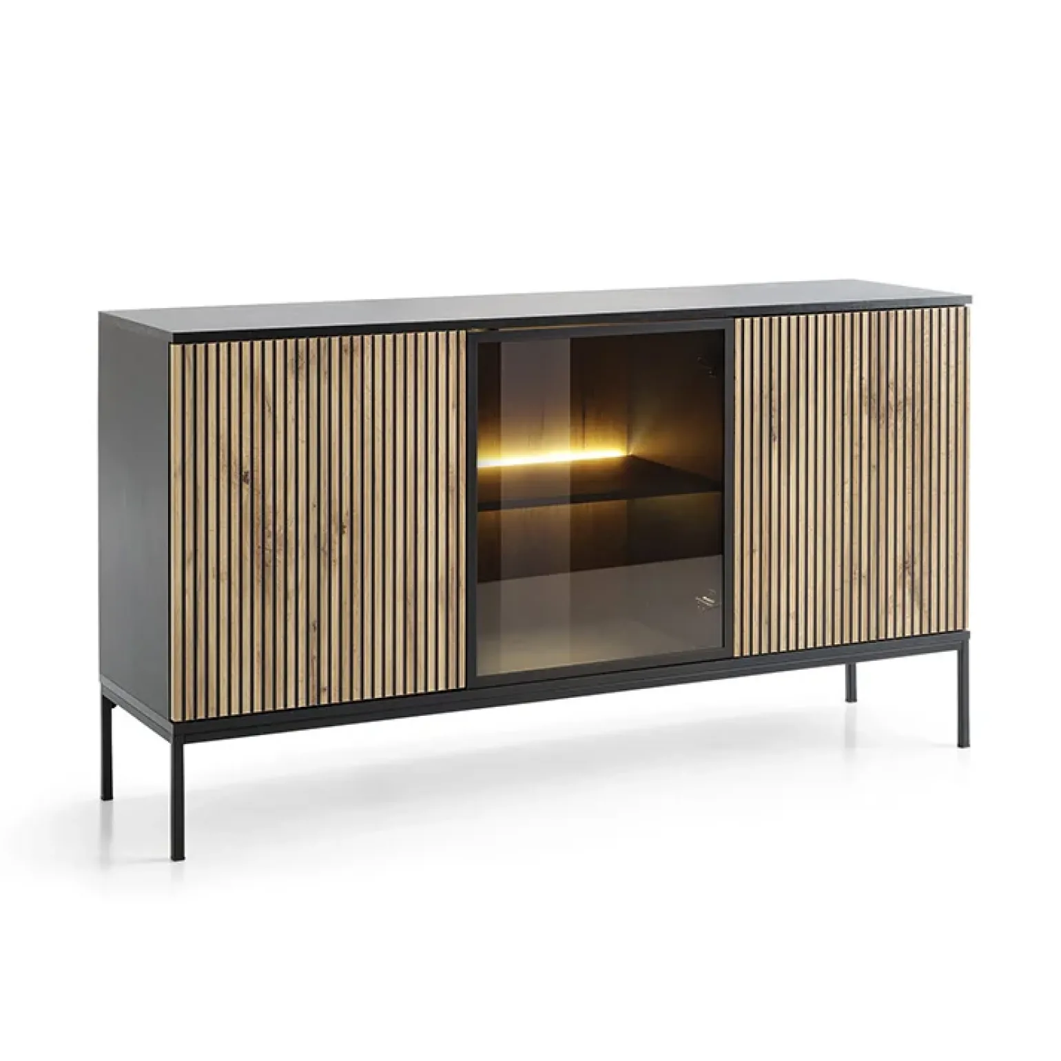 Madia 153x83h cm 3 ante moderna nero rovere antico cannettato Bali