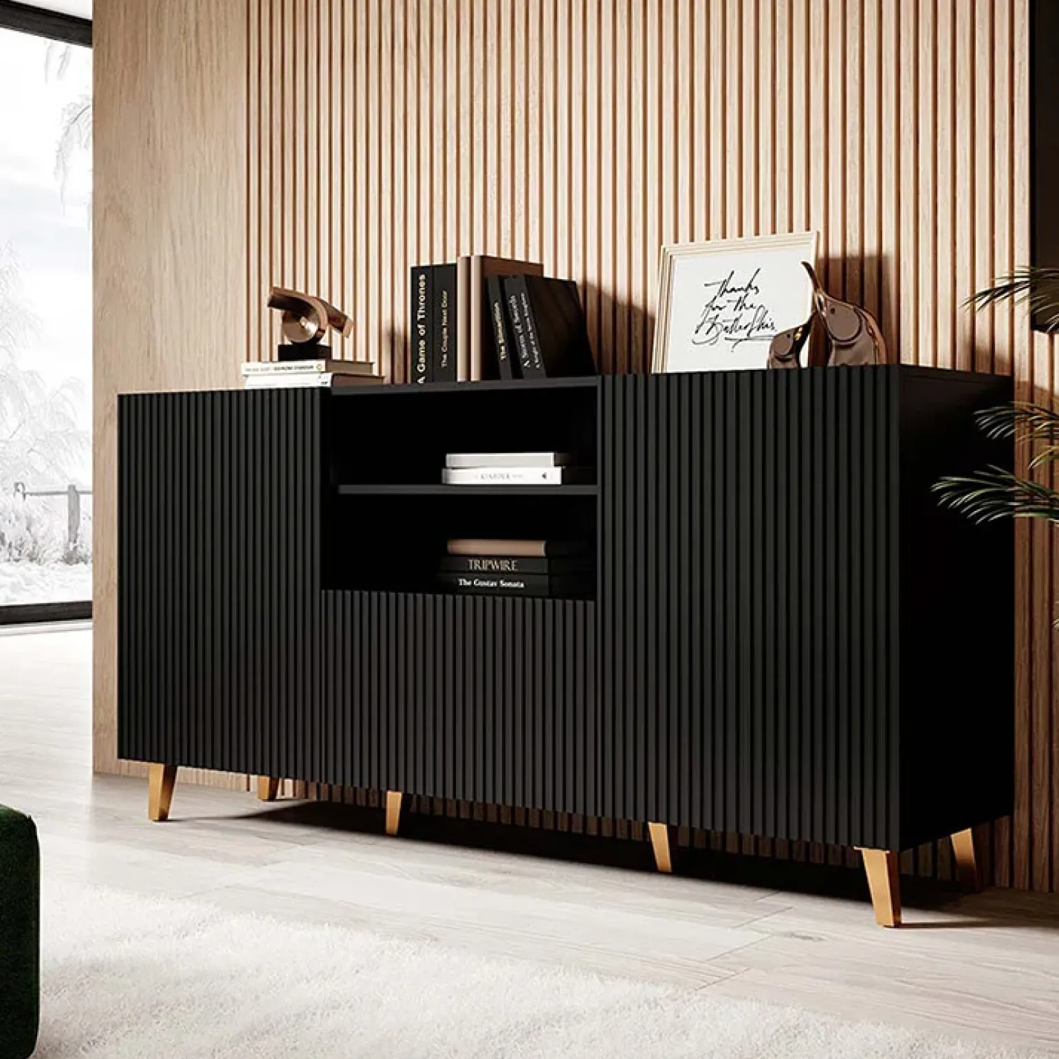 Madia 151x83h cm 3 ante moderna industrial cannettato nero Essence