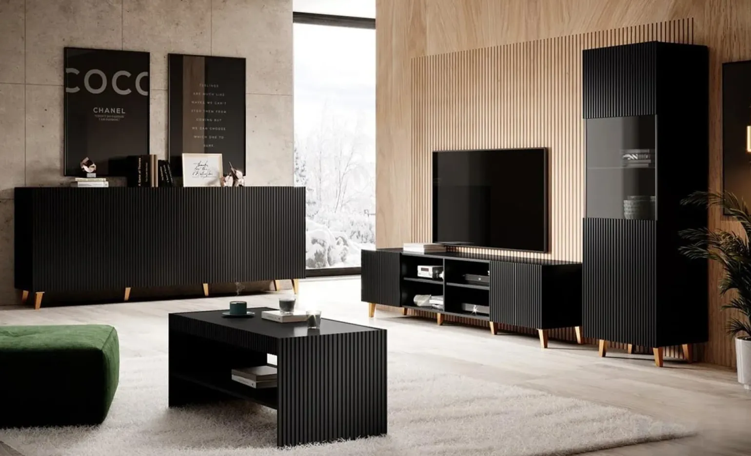 Madia 201x83h cm 4 ante moderna cannettato nero Essence
