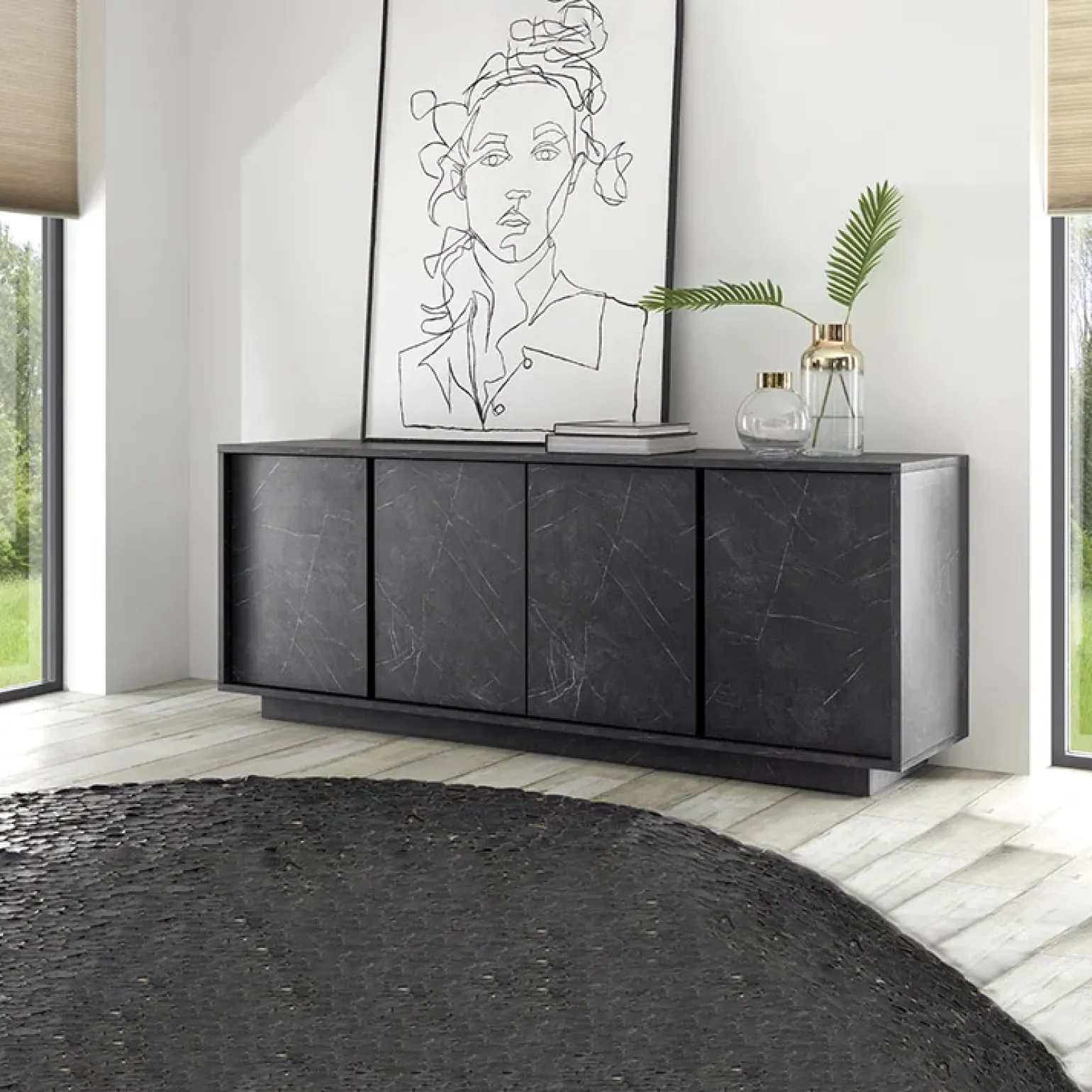 Madia 180x79h cm 4 ante moderna effetto marmo nero Viking