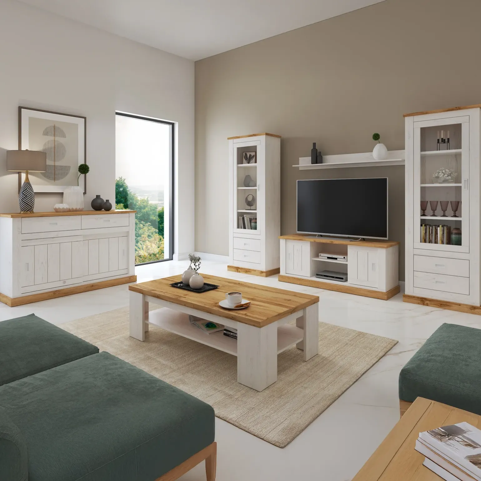 Madia 150x100h cm 2 ante scorrevoli 2 cassetti soggiorno bianco frassinato rovere Islen