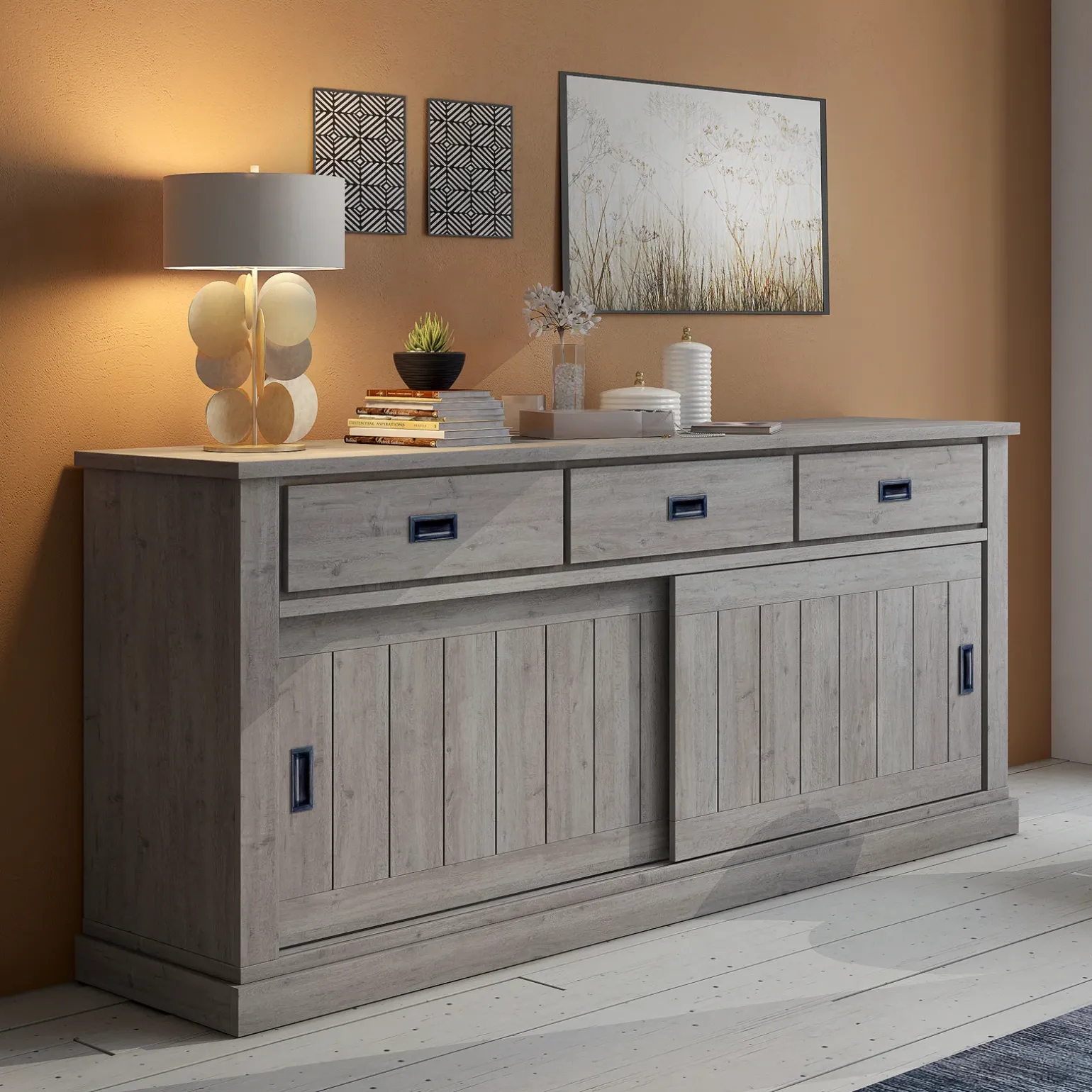 Madia 215x96h cm 2 ante scorrevoli 3 cassetti soggiorno rovere grigio nero Islen