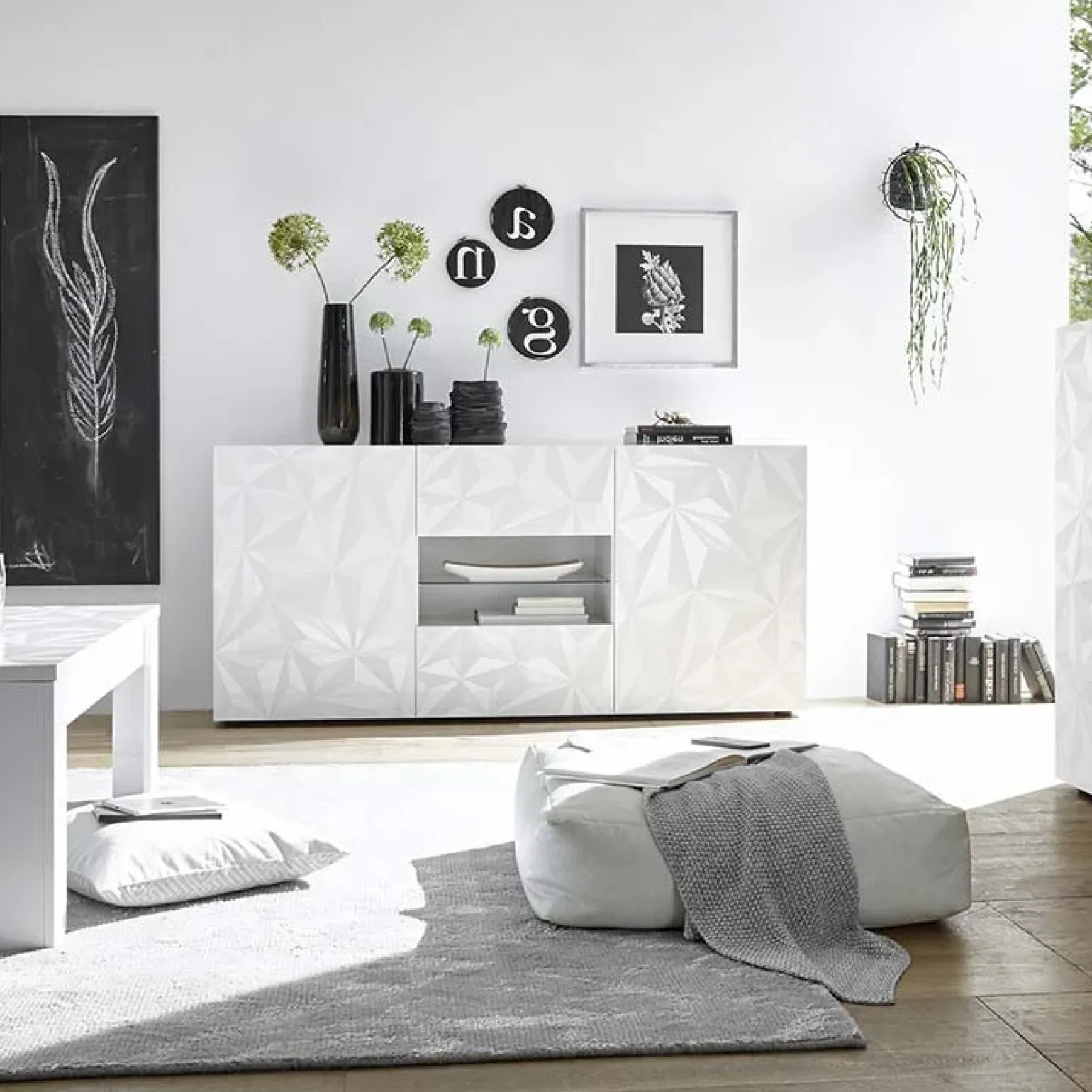 Madia 181x84h cm 2 ante soggiorno bianco laccato lucido con serigrafia Marvis