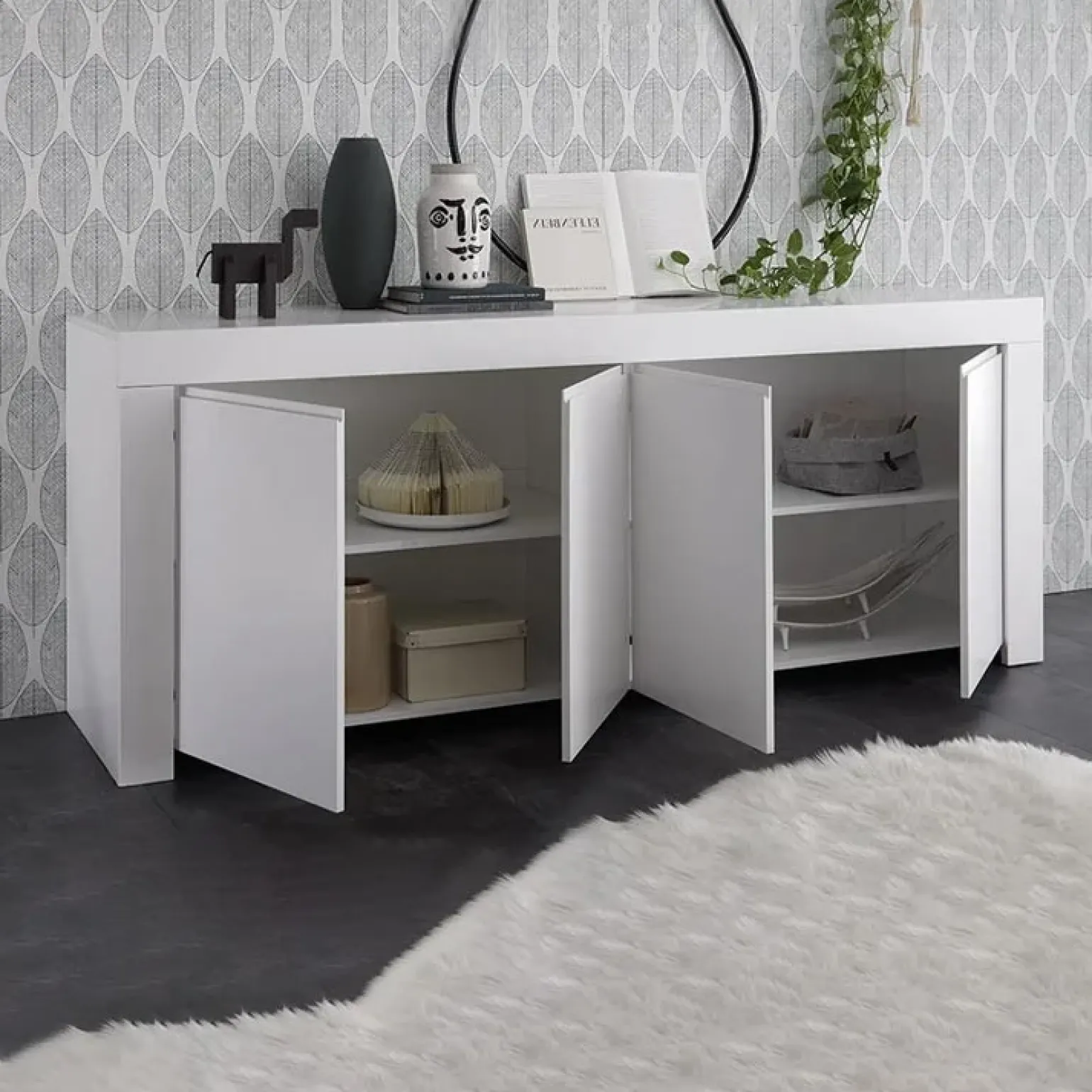 Madia 210x81h cm 4 ante soggiorno moderna bianco opaco Halston