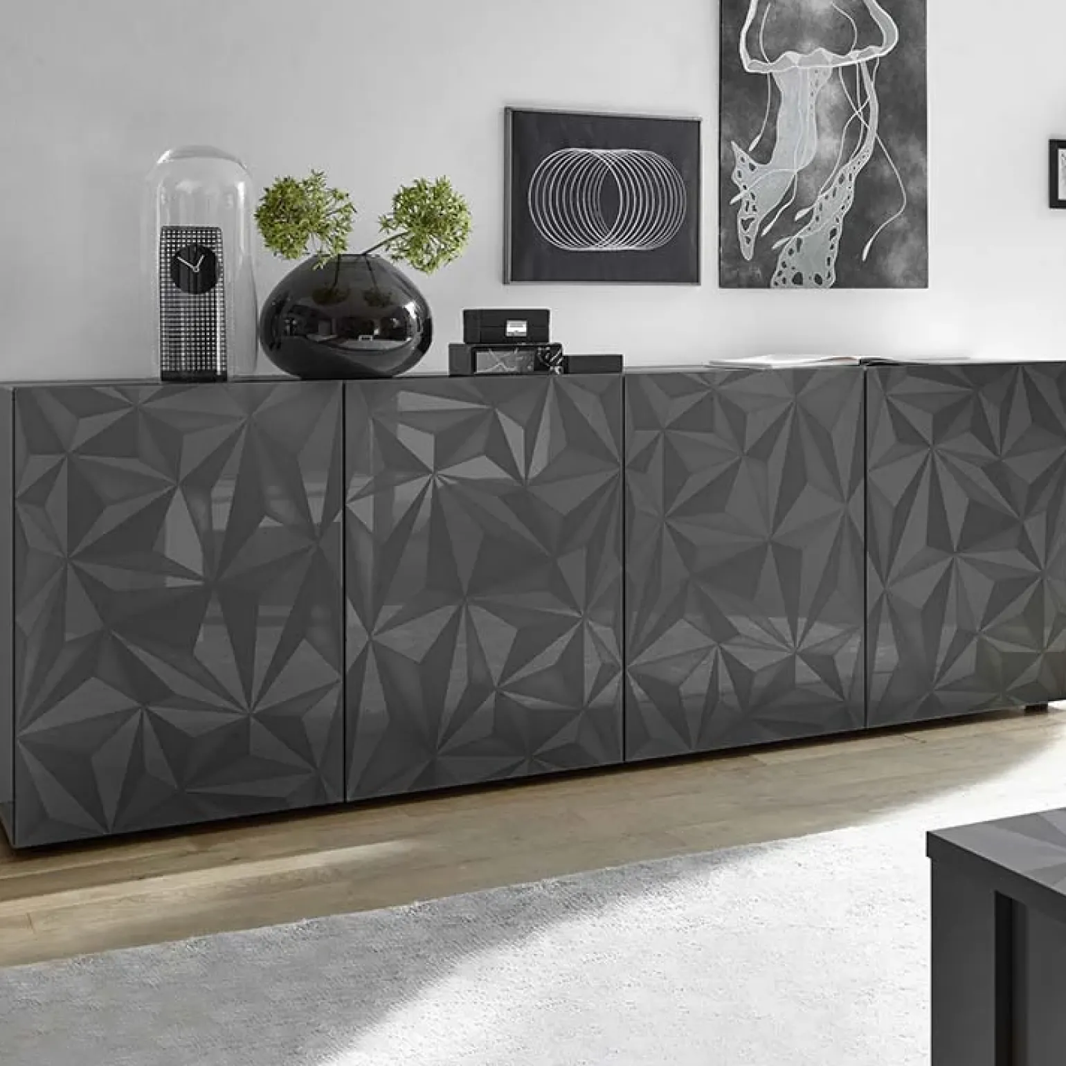 Madia 241x84h cm 4 ante soggiorno grigio con serigrafia Marvis