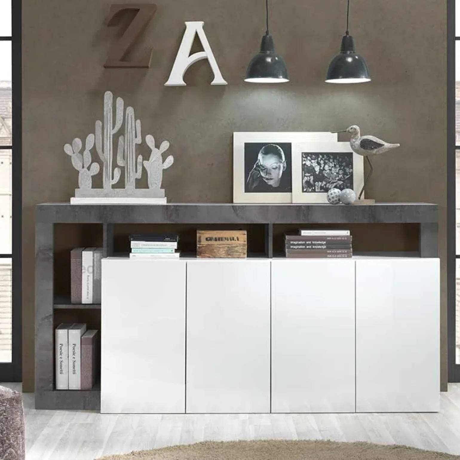 Madia 184x93h cm 4 ante soggiorno bianco lucido ossido Invictus