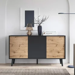 Madia 154x83h cm 3 ante soggiorno design rovere cannettato nero Tonk