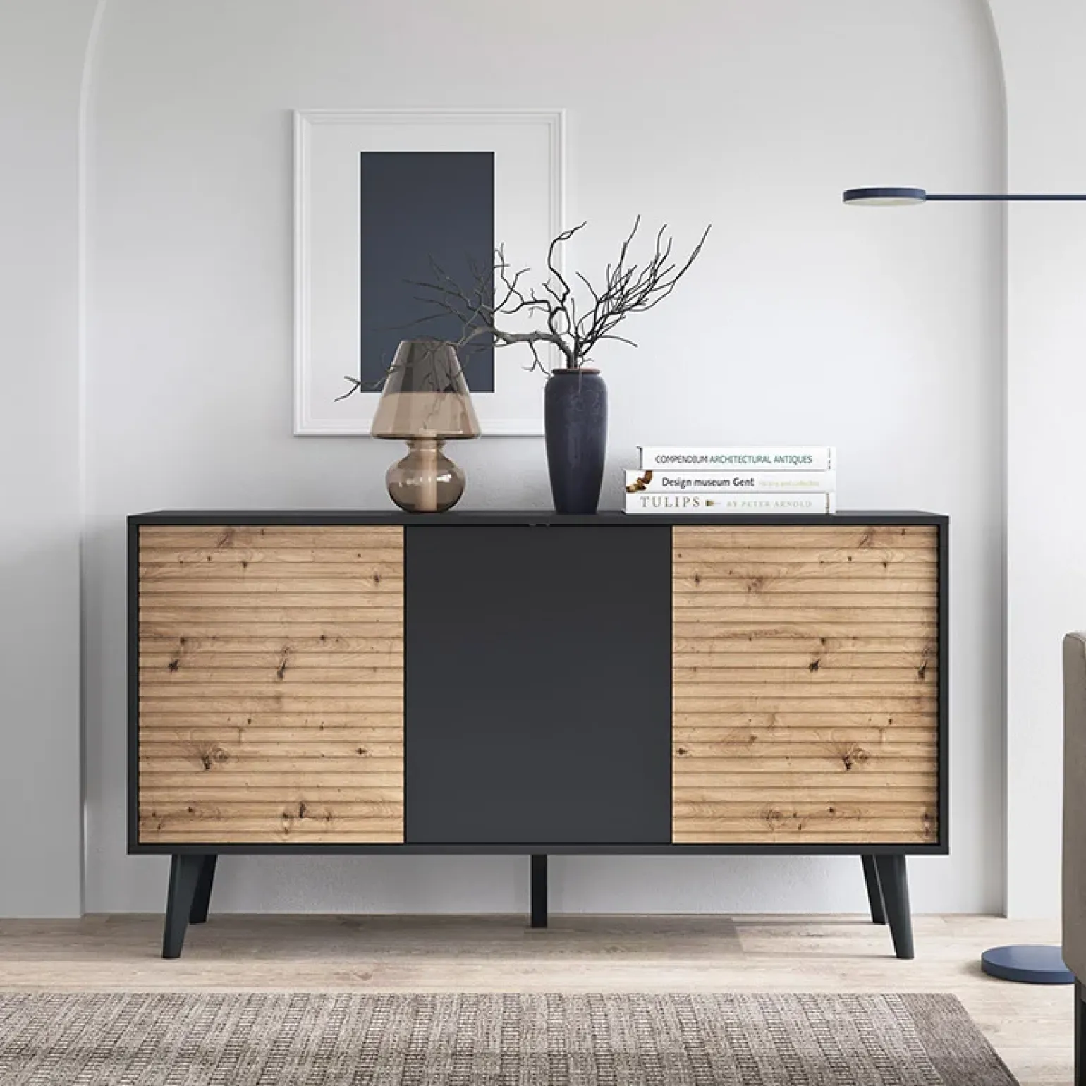 Madia 154x83h cm 3 ante soggiorno design rovere cannettato nero Tonk