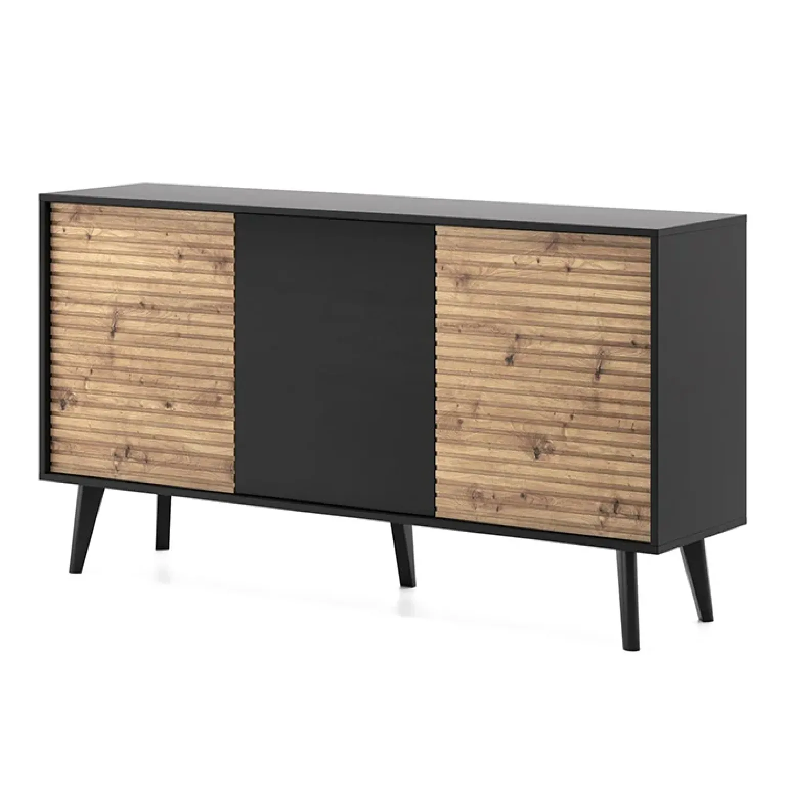 Madia 154x83h cm 3 ante soggiorno design rovere cannettato nero Tonk