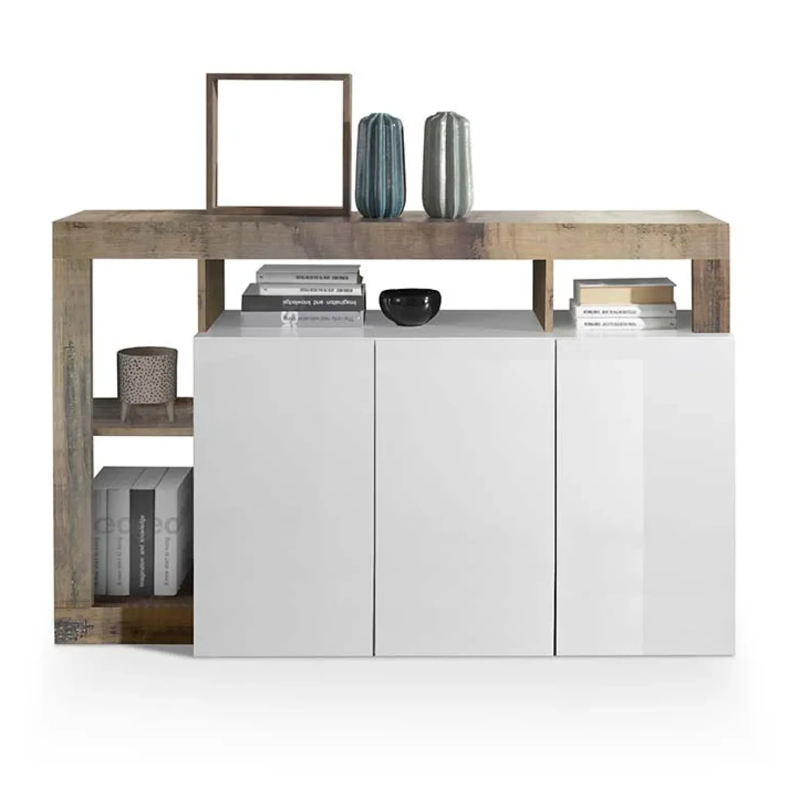 Madia 146x93h cm 3 ante vani a giorno moderna bianco pero Invictus