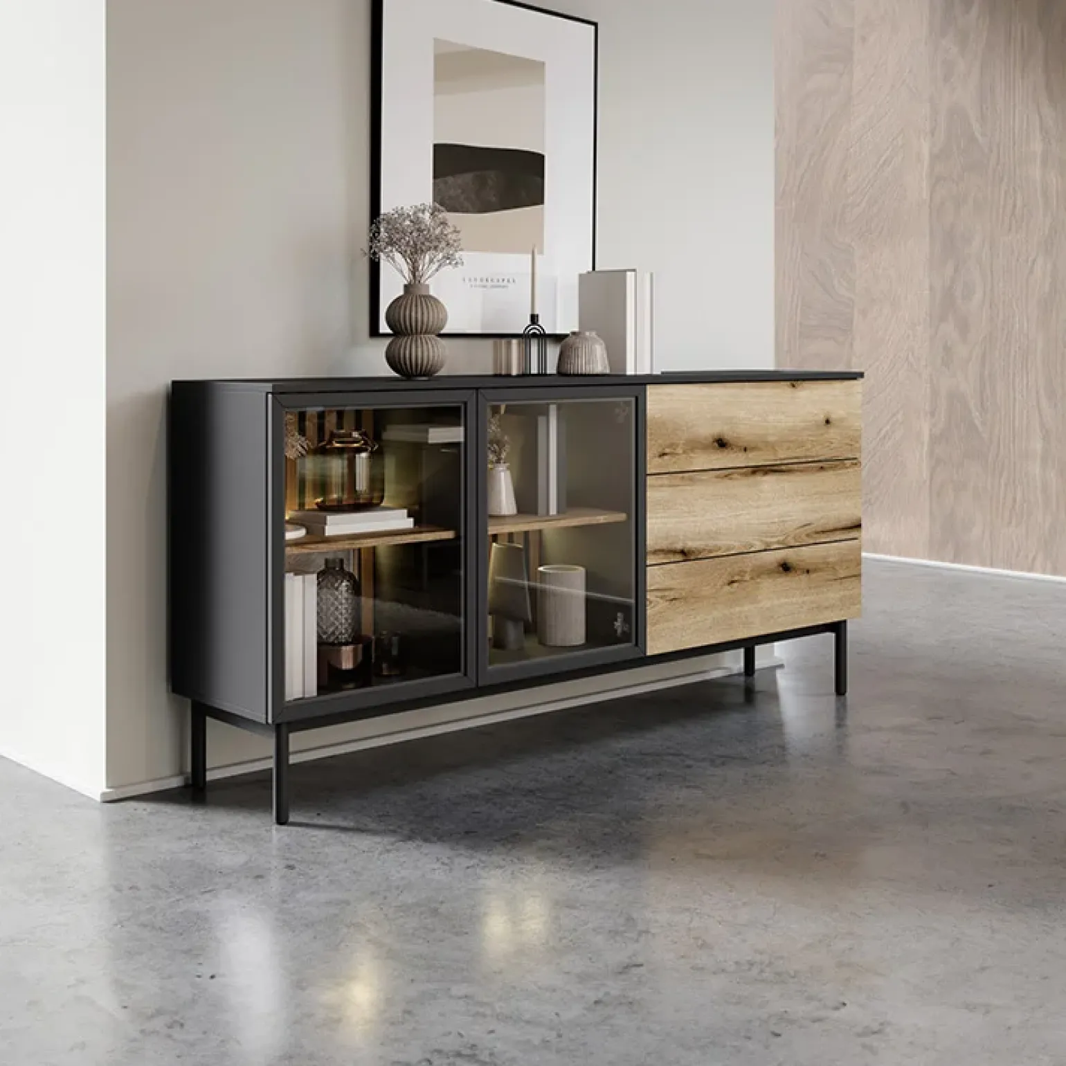 Madia 180x85h cm 2 ante vetrate 3 cassetti con led nero opaco rovere Amel