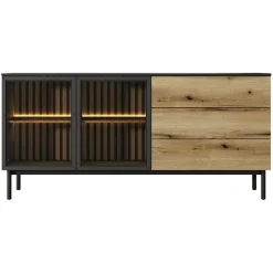Madia 180x85h cm 2 ante vetrate 3 cassetti con led nero opaco rovere Amel