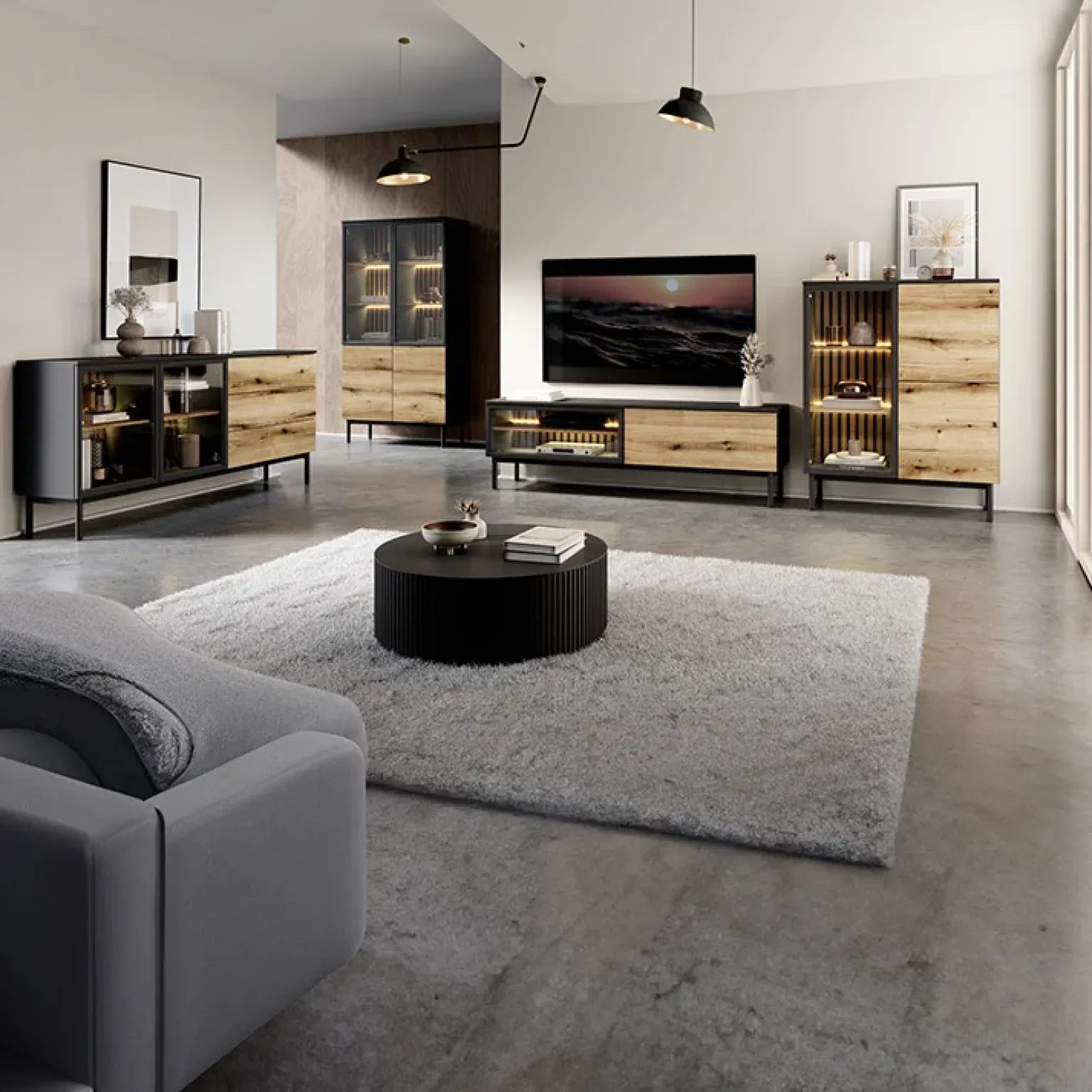 Madia 180x85h cm 2 ante vetrate 3 cassetti con led nero opaco rovere Amel