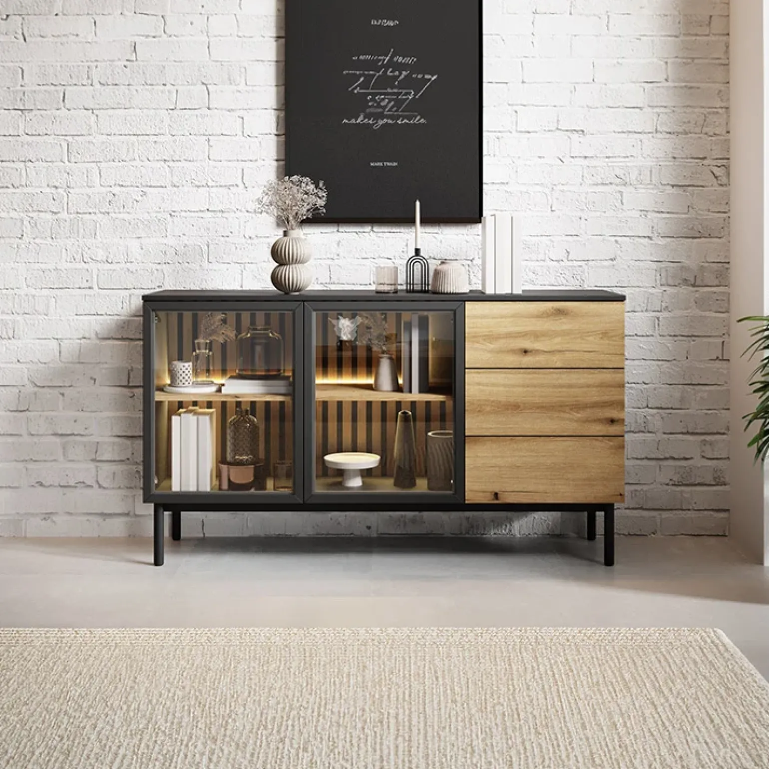 Madia 150x85h cm 2 ante vetrate 3 cassetti con led nero rovere Amel