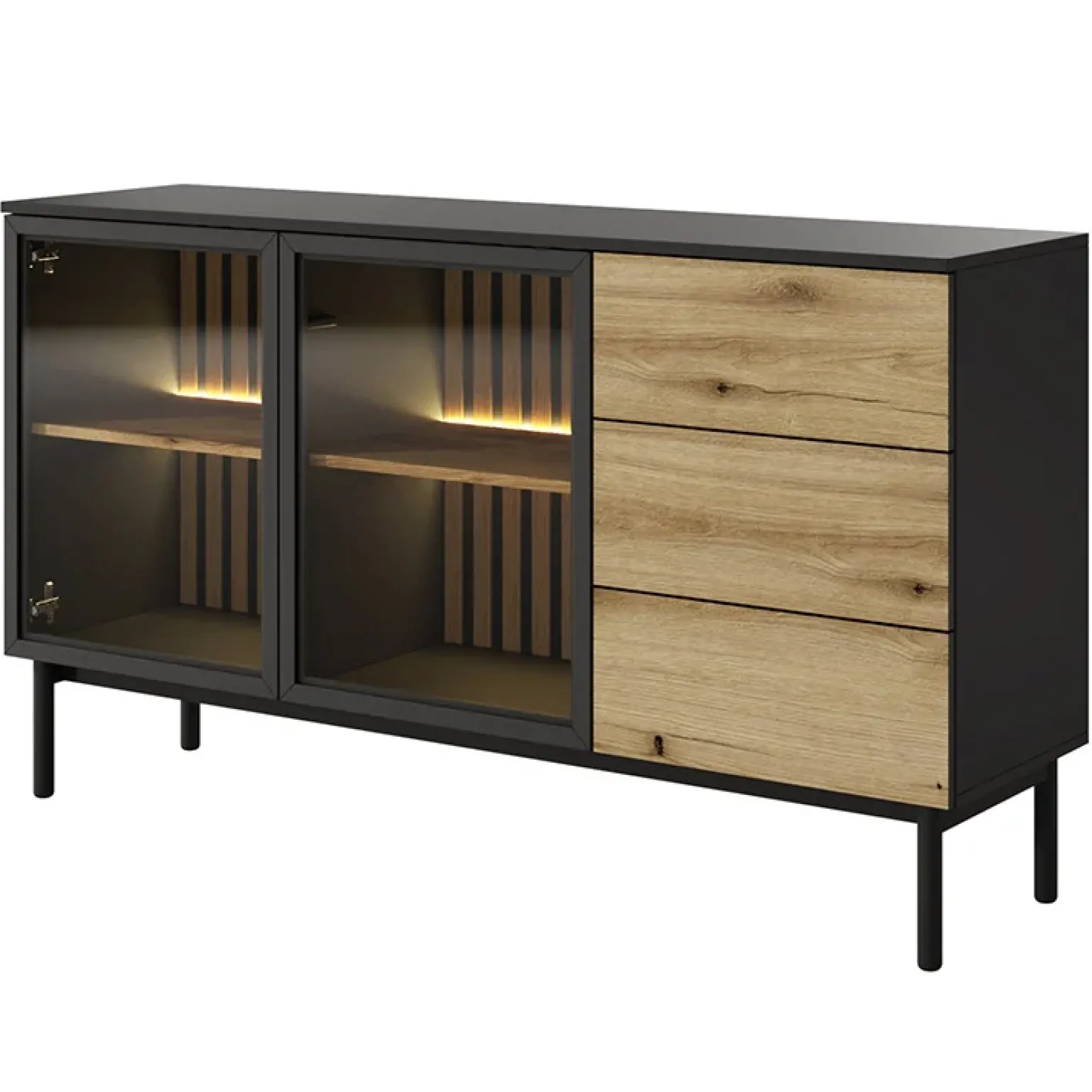 Madia 150x85h cm 2 ante vetrate 3 cassetti con led nero rovere Amel