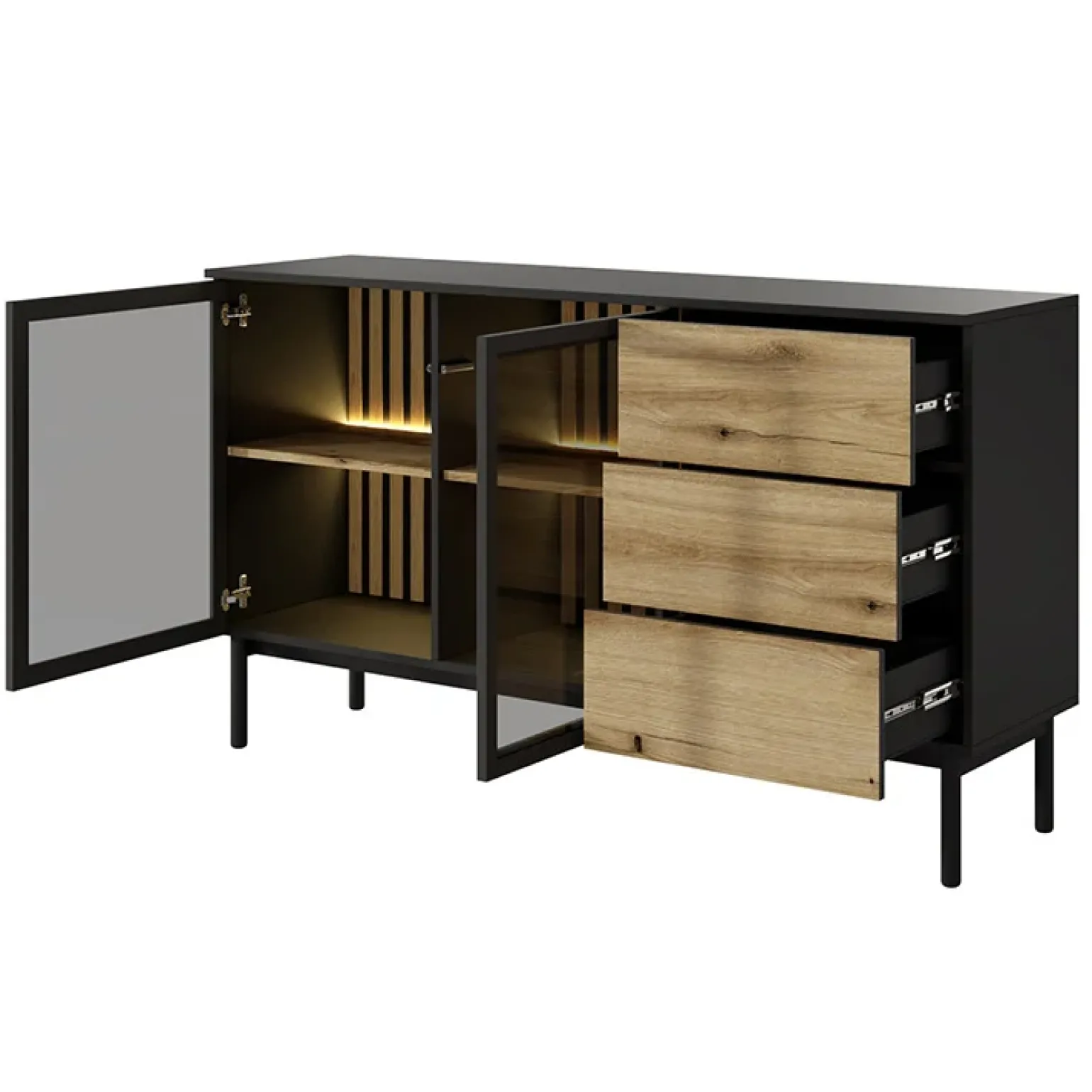 Madia 150x85h cm 2 ante vetrate 3 cassetti con led nero rovere Amel